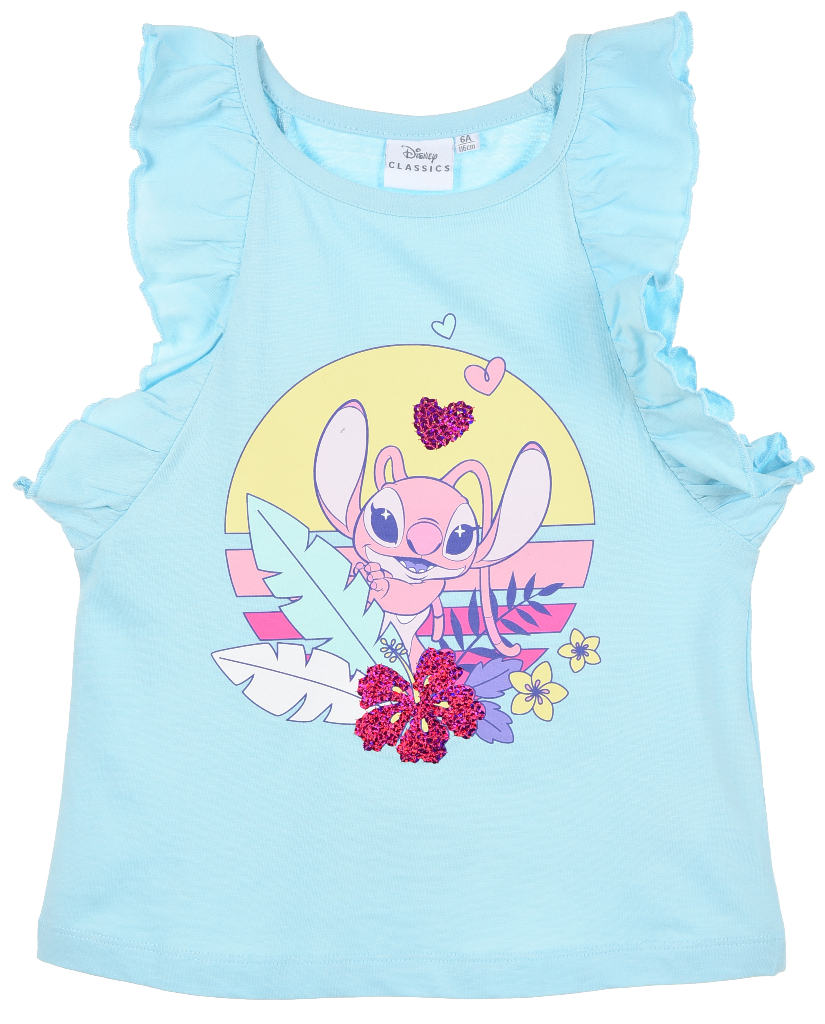 Canotta Angel Stitch DISNEY in Cotone Smanicata con Rouche Bambina - Ye10086.celeste