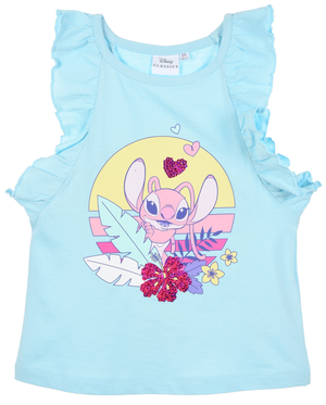 Canotta Angel Stitch DISNEY in Cotone Smanicata con Rouche Bambina - Ye10086.celeste