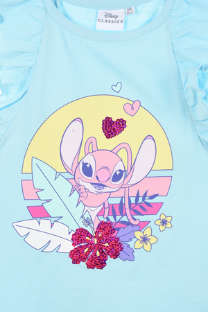 Canotta Angel Stitch DISNEY in Cotone Smanicata con Rouche Bambina - Ye10086.celeste