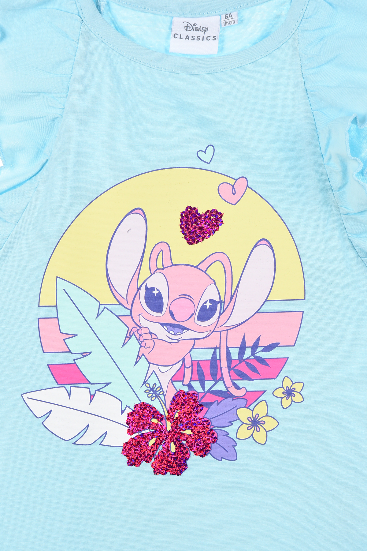 Canotta Angel Stitch DISNEY in Cotone Smanicata con Rouche Bambina - Ye10086.celeste