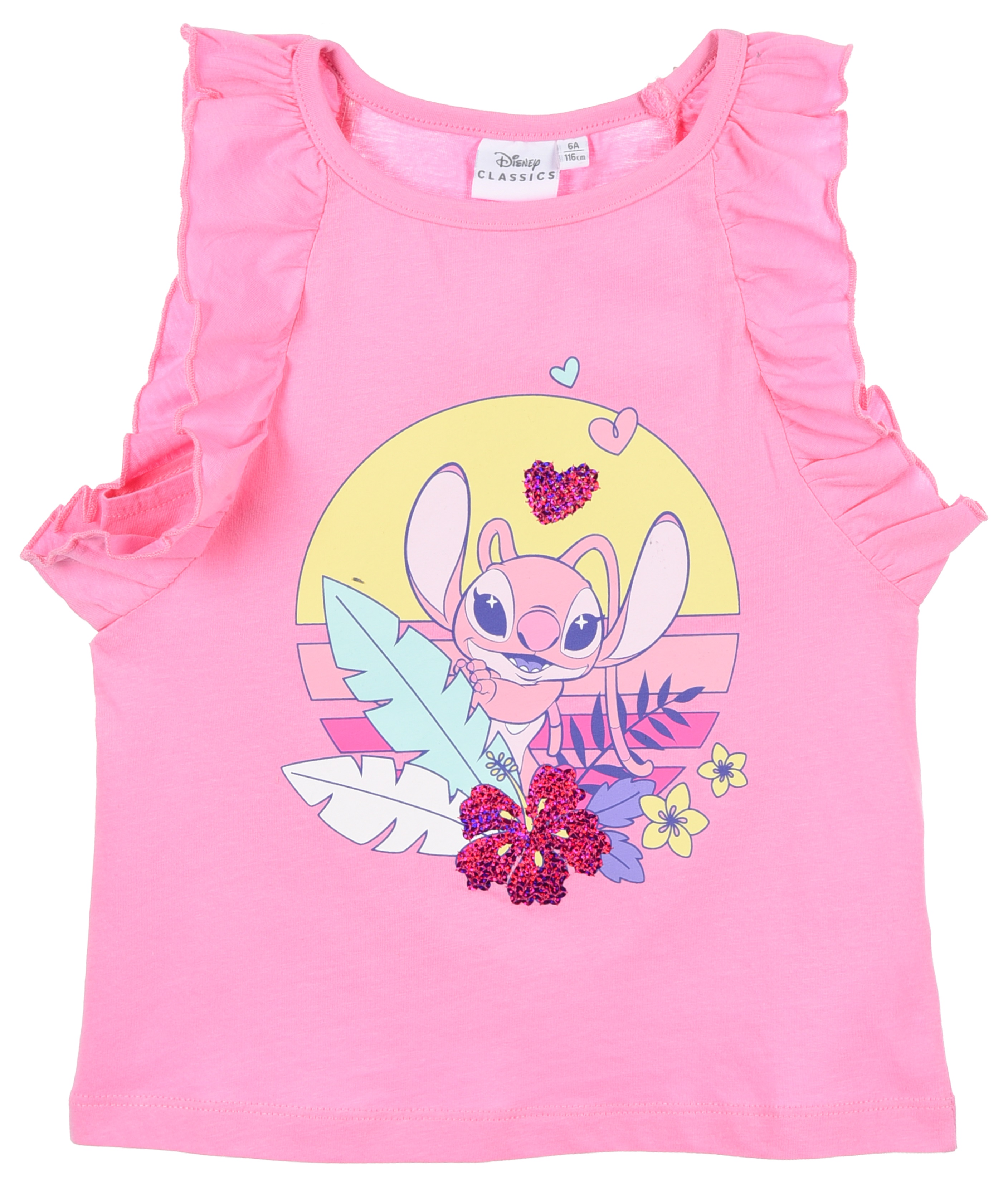 Canotta Angel Stitch DISNEY in Cotone Smanicata con Rouche Bambina - Ye10086.rosa