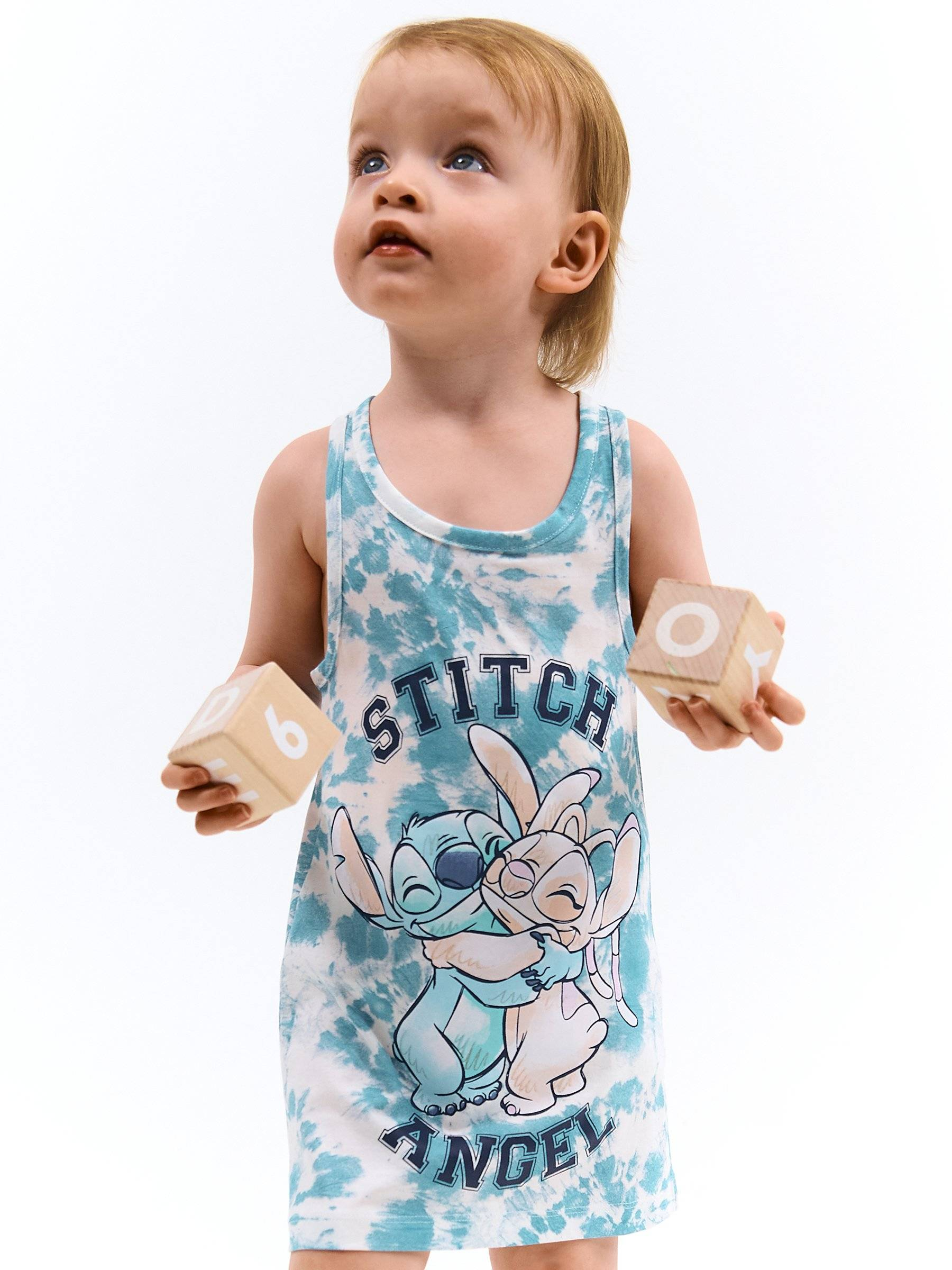Vestitino Stitch e Angel DISNEY Scamiciata Abito Smanicato in Cotone Grafica Tie-Dye - Ye10074.azzurro