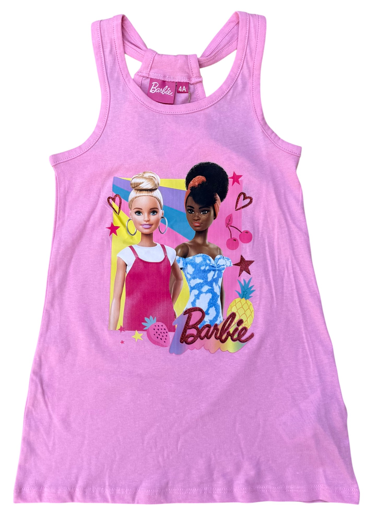 Vestitino Barbie Mattel Scamiciata Abito Smanicato in Cotone Dettagli Glitterati - Ye10025.rosa
