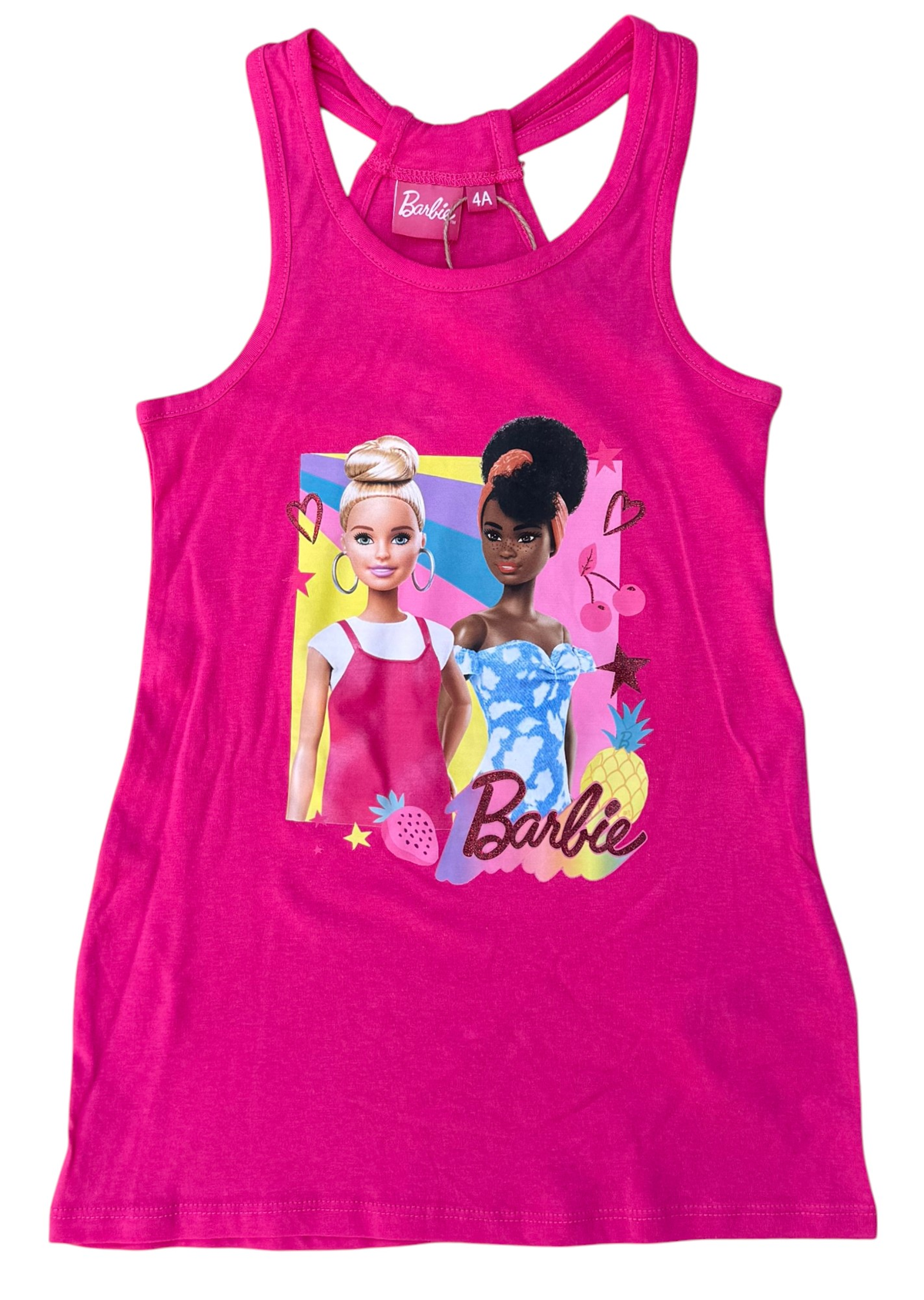 Vestitino Barbie Mattel Scamiciata Abito Smanicato in Cotone Dettagli Glitterati - Ye10025.fucsia