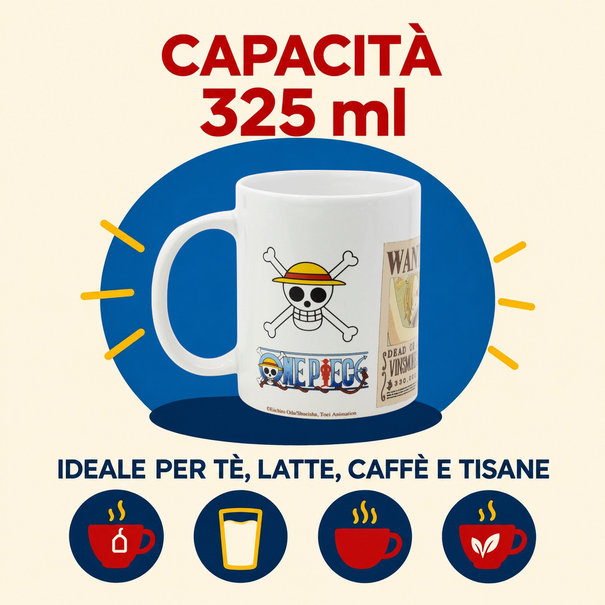 Tazza Mug One Piece Wanted in Ceramica 325 Ml Adatta Al Microonde e Lavastoviglie in Confezione - Stt515