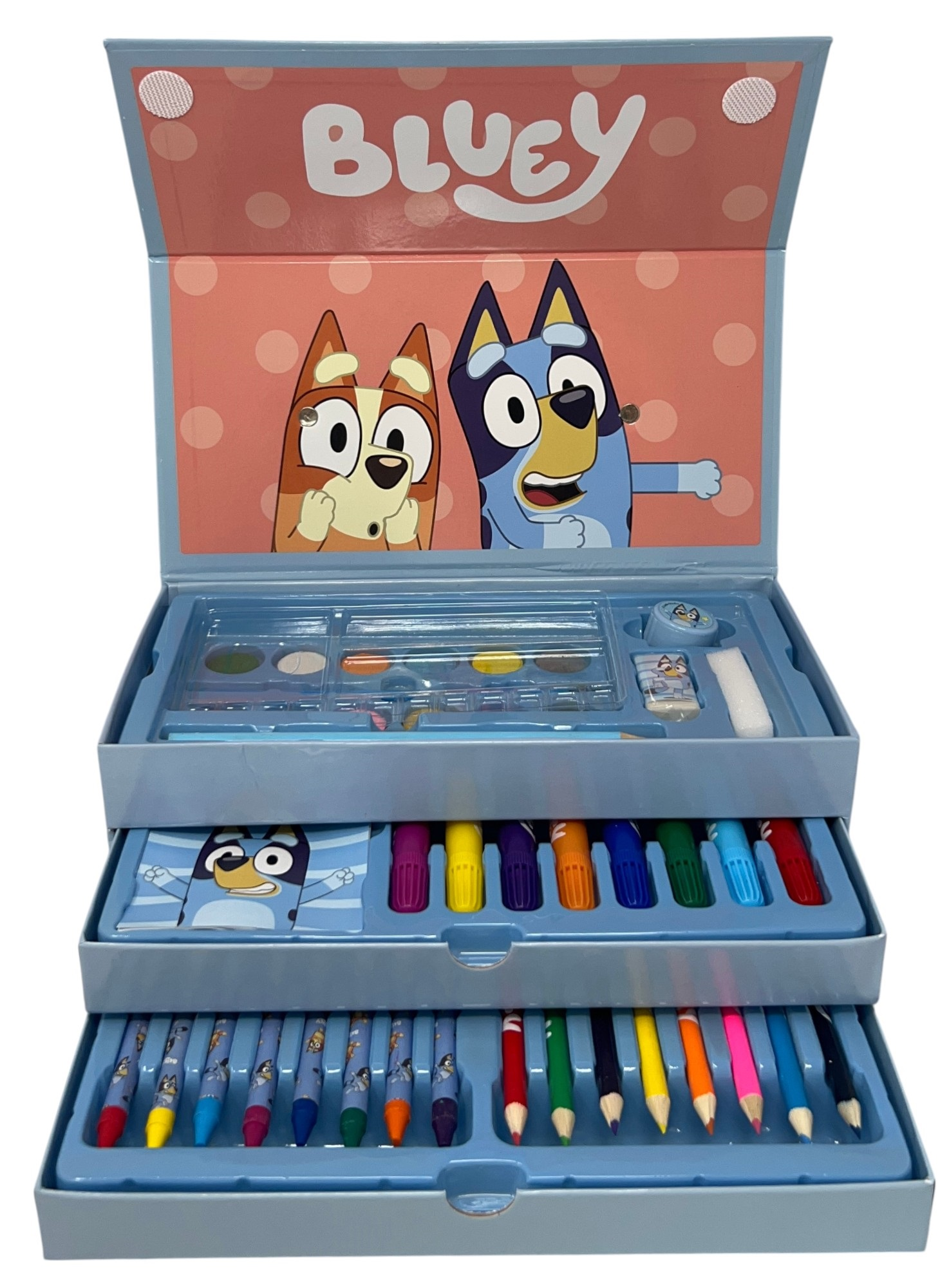 Valigetta Colori Bluey e Bing Set 52 Pezzi Cancelleria Scatola con Cassetti Kit Disegno e Pittura - 2870