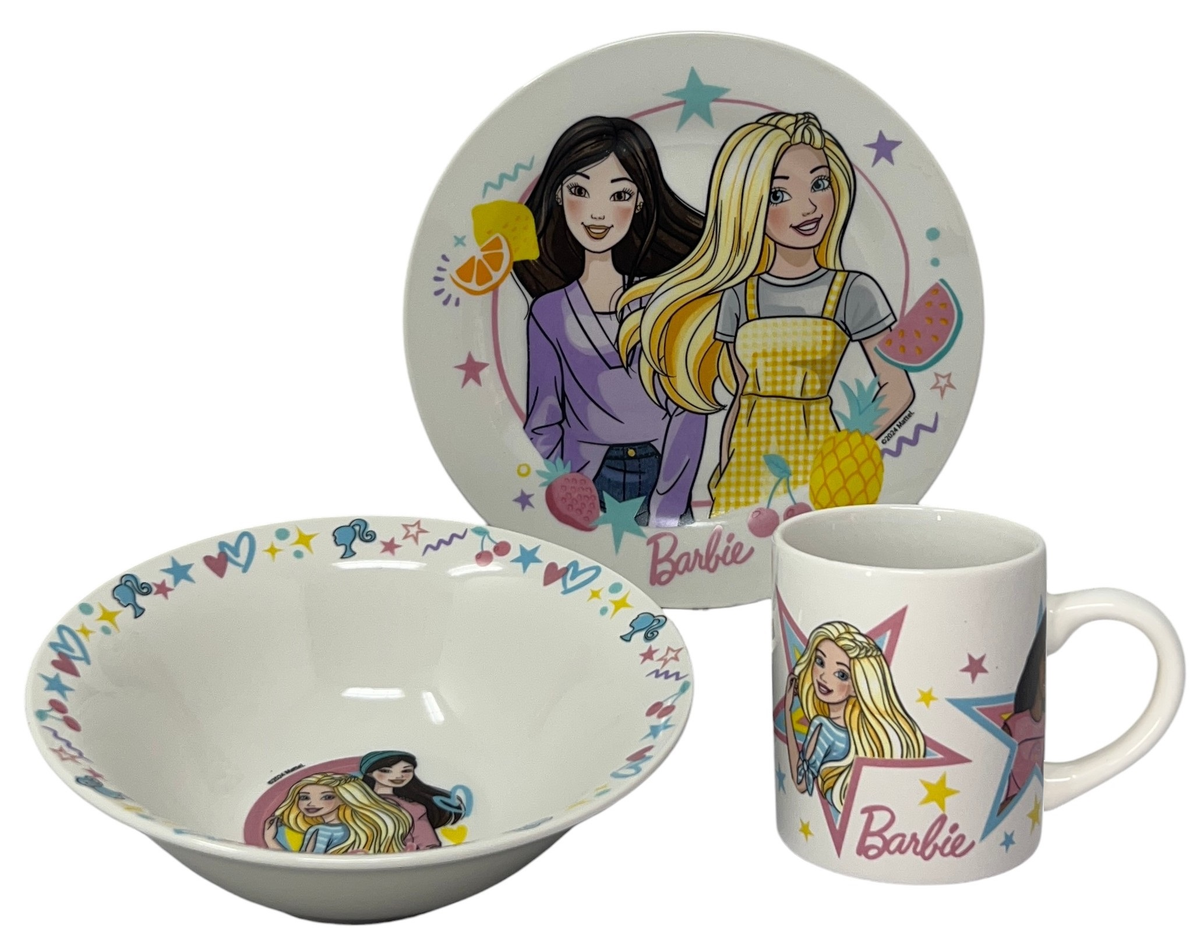 Set 3 Pezzi in Ceramica Barbie Mattel Tazza Ciotola Piatto Stoviglie per Bambini in Confezione - 83050