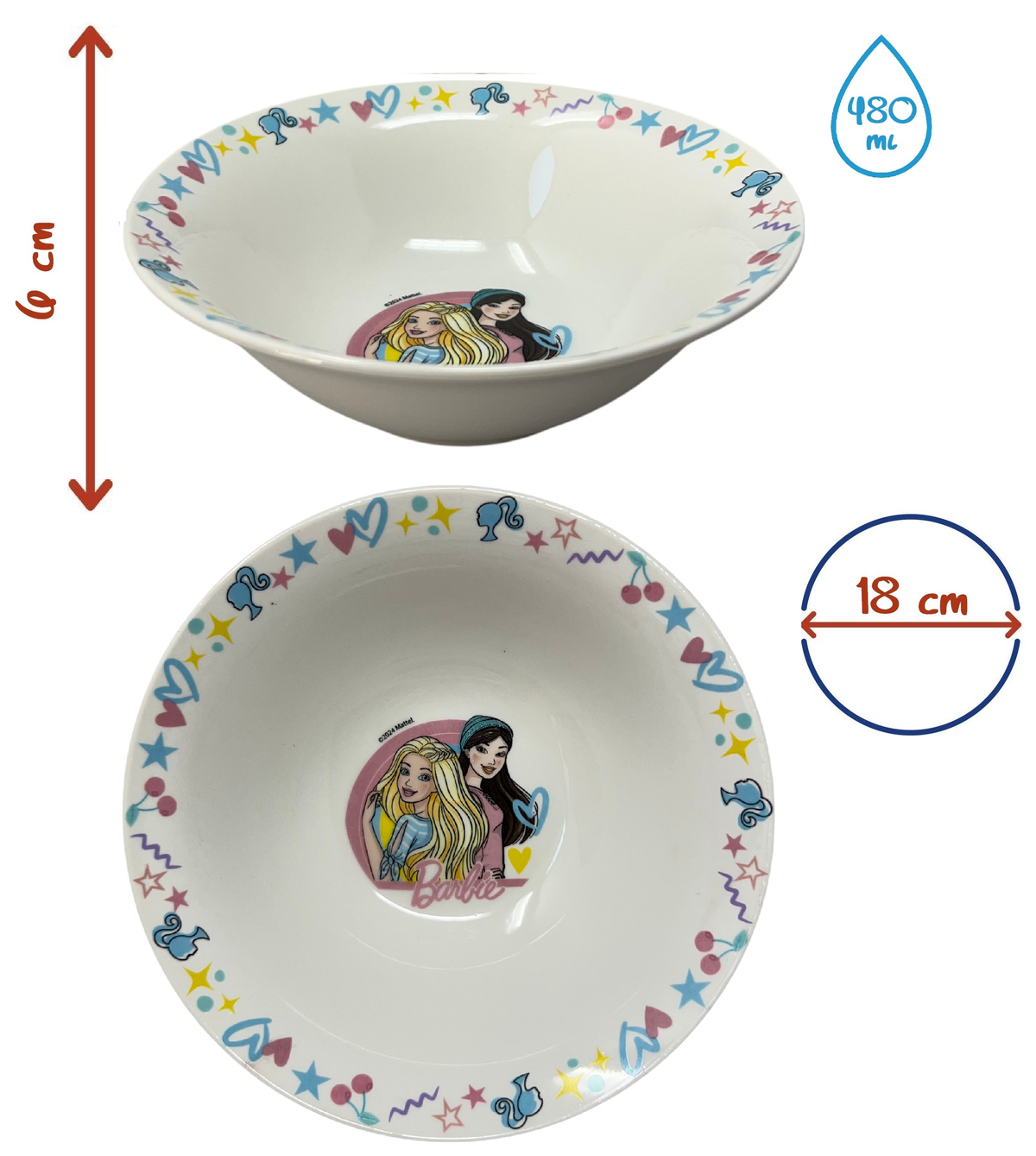 Set 3 Pezzi in Ceramica Barbie Mattel Tazza Ciotola Piatto Stoviglie per Bambini in Confezione - 83050