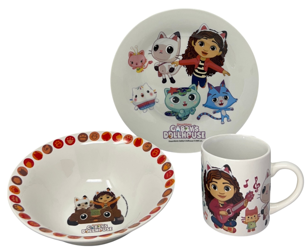 Set 3 Pezzi in Ceramica Gabby's Dollhouse Tazza Ciotola Piatto Stoviglie per Bambini in Confezione - 83051
