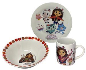 Set 3 Pezzi in Ceramica Gabby's Dollhouse Tazza Ciotola Piatto Stoviglie per Bambini in Confezione - 83051