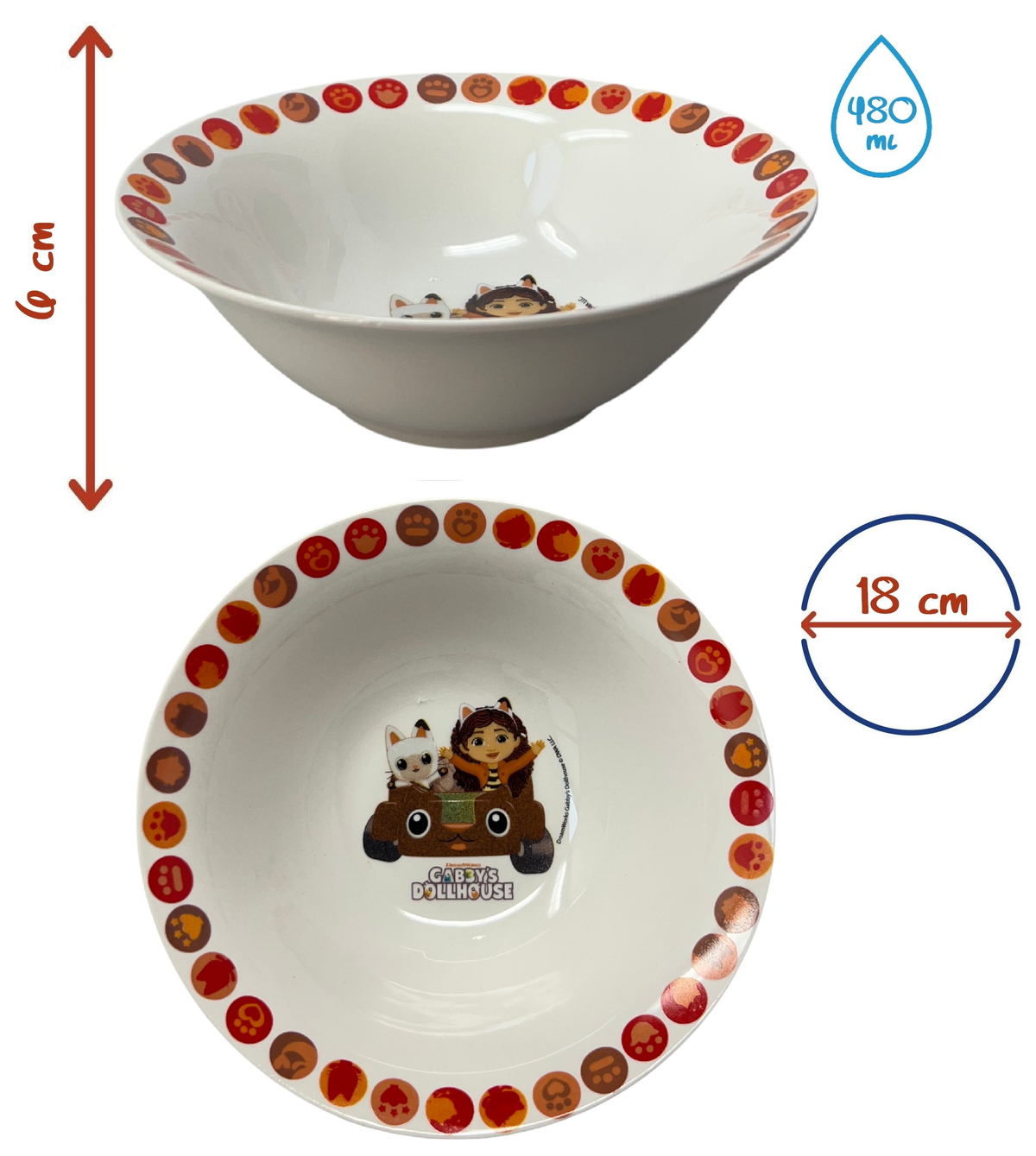 Set 3 Pezzi in Ceramica Gabby's Dollhouse Tazza Ciotola Piatto Stoviglie per Bambini in Confezione - 83051