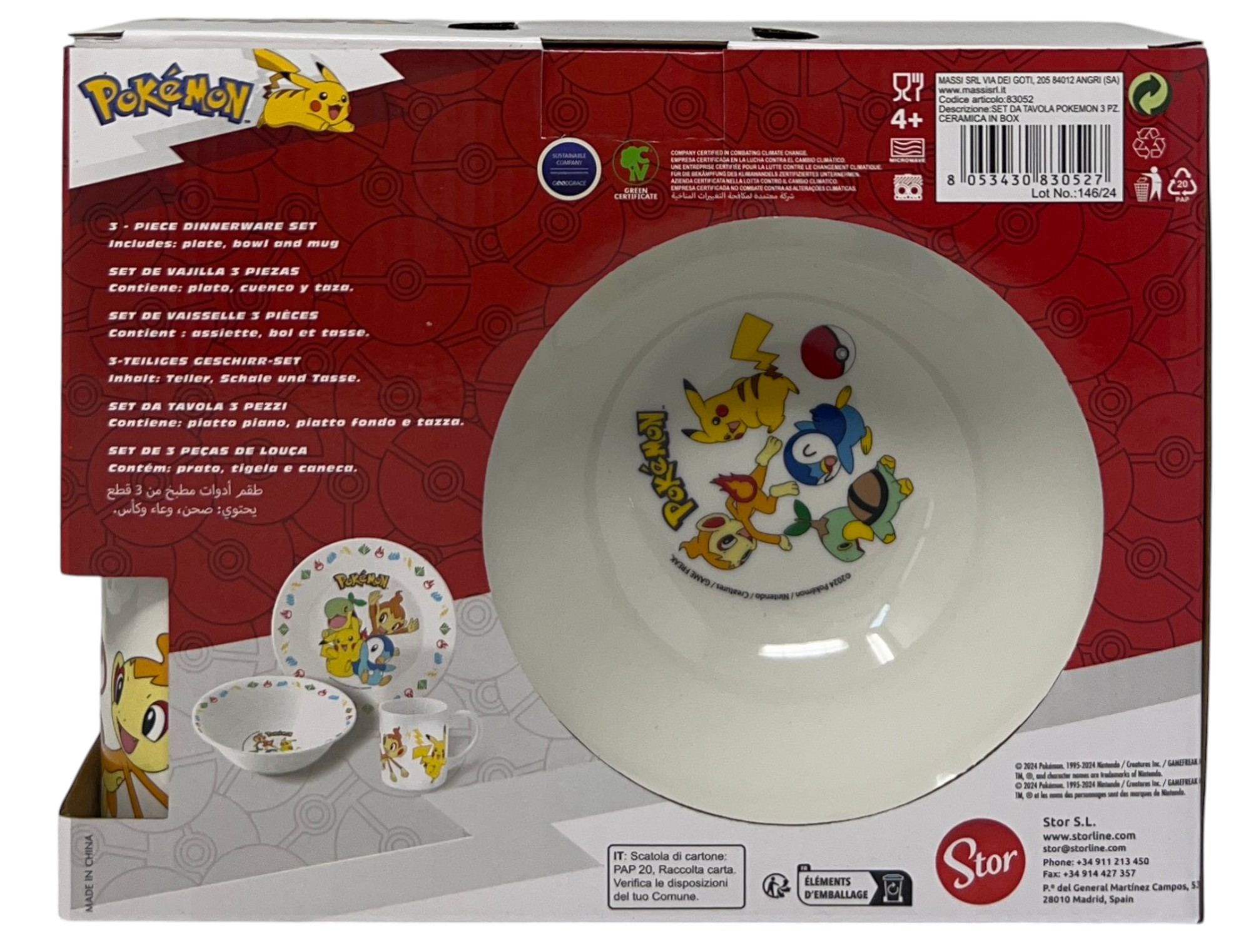 Set 3 Pezzi in Ceramica Pikachu Pokémon Tazza Ciotola Piatto Stoviglie per Bambini in Confezione - 83052