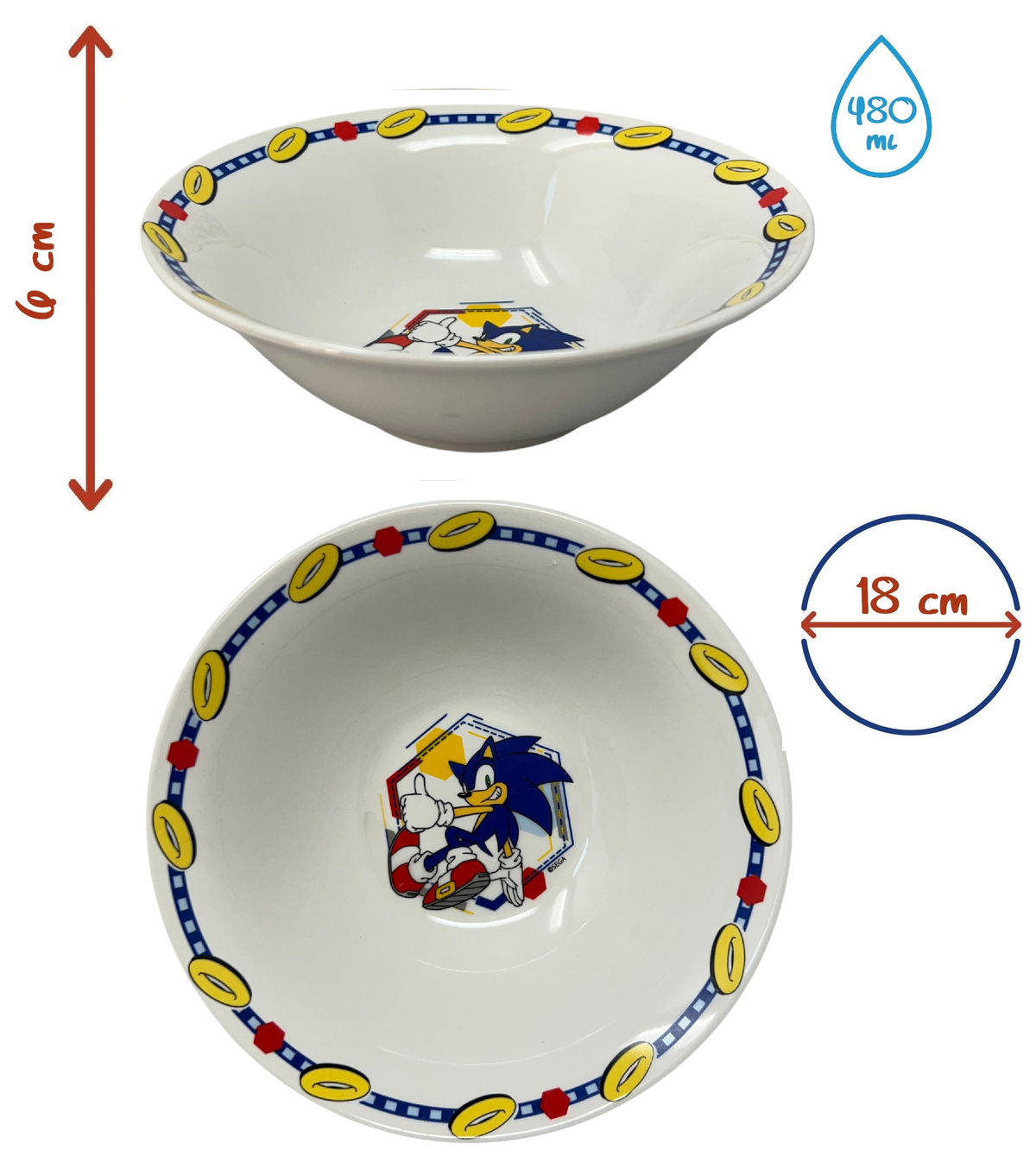 Set 3 Pezzi in Ceramica Sonic the Hedgehog Tazza Ciotola Piatto Stoviglie per Bambini in Confezione - 83054