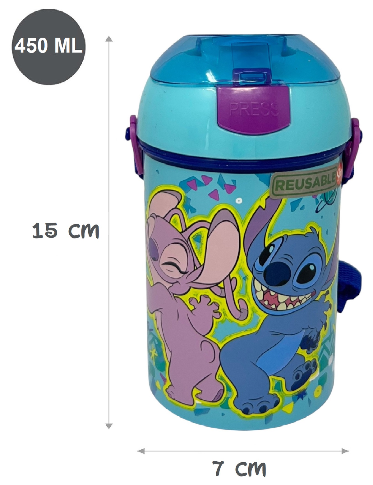 Borraccia Pop-Up Stitch e Angel DISNEY Bottiglia in Plastica Riutilizzabile con Tracolla 450 Ml - 83218