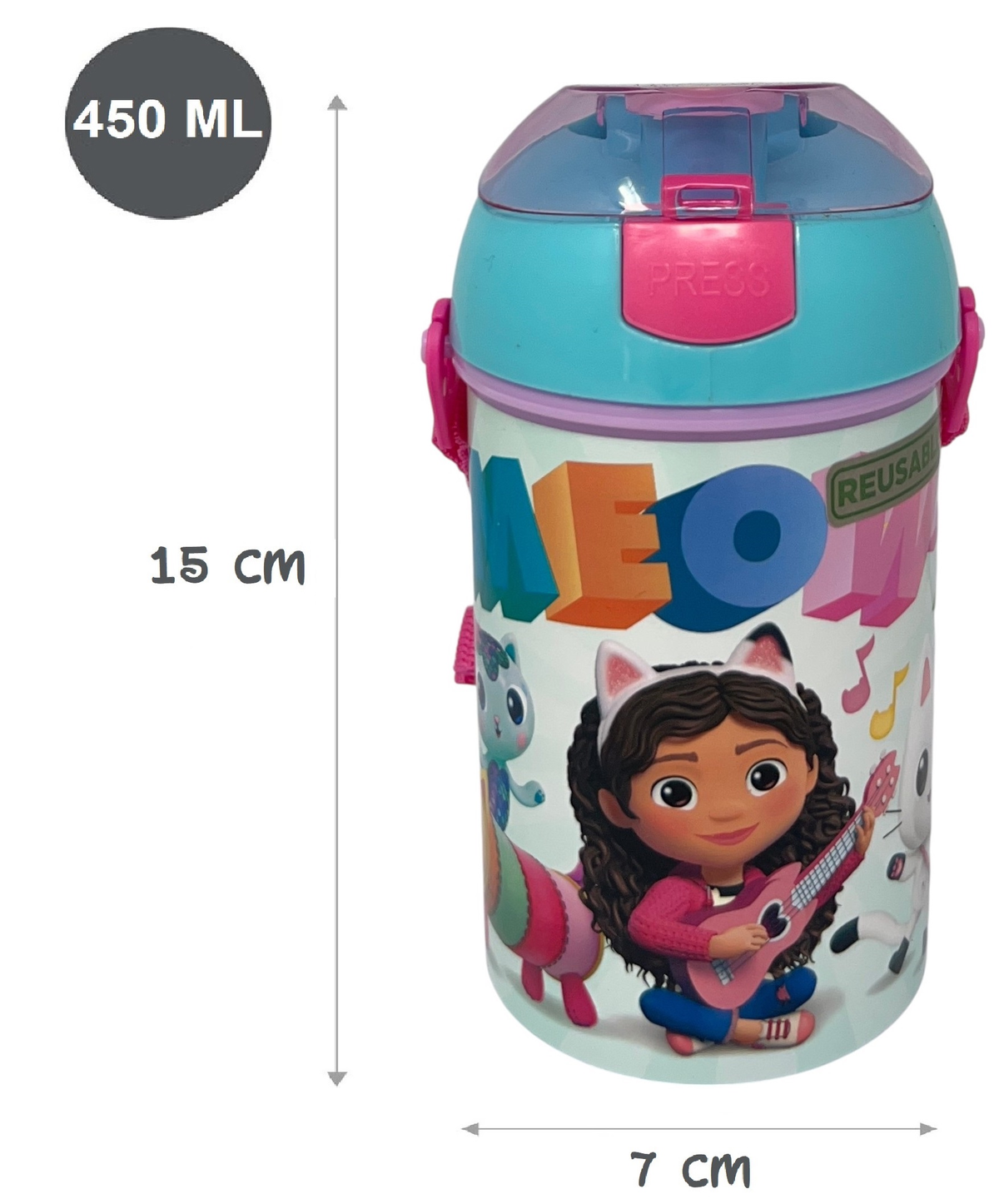 Borraccia Pop-Up Gabby's Dollhouse Bottiglia in Plastica Riutilizzabile con Tracolla 450 Ml - 83219