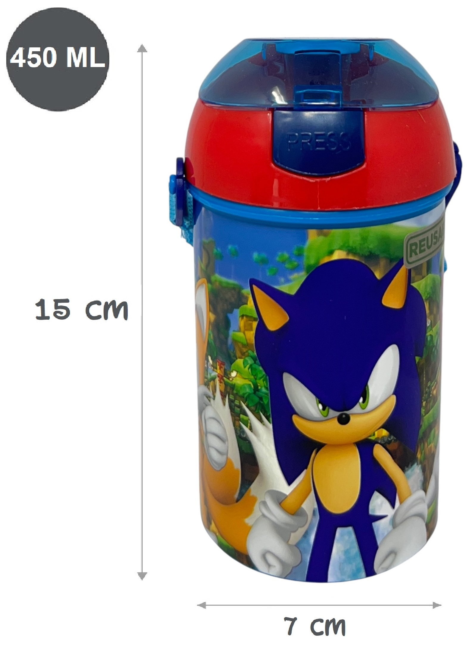Borraccia Pop-Up Sonic Knuckles Tails Bottiglia in Plastica Riutilizzabile con Tracolla 450 Ml - 83221