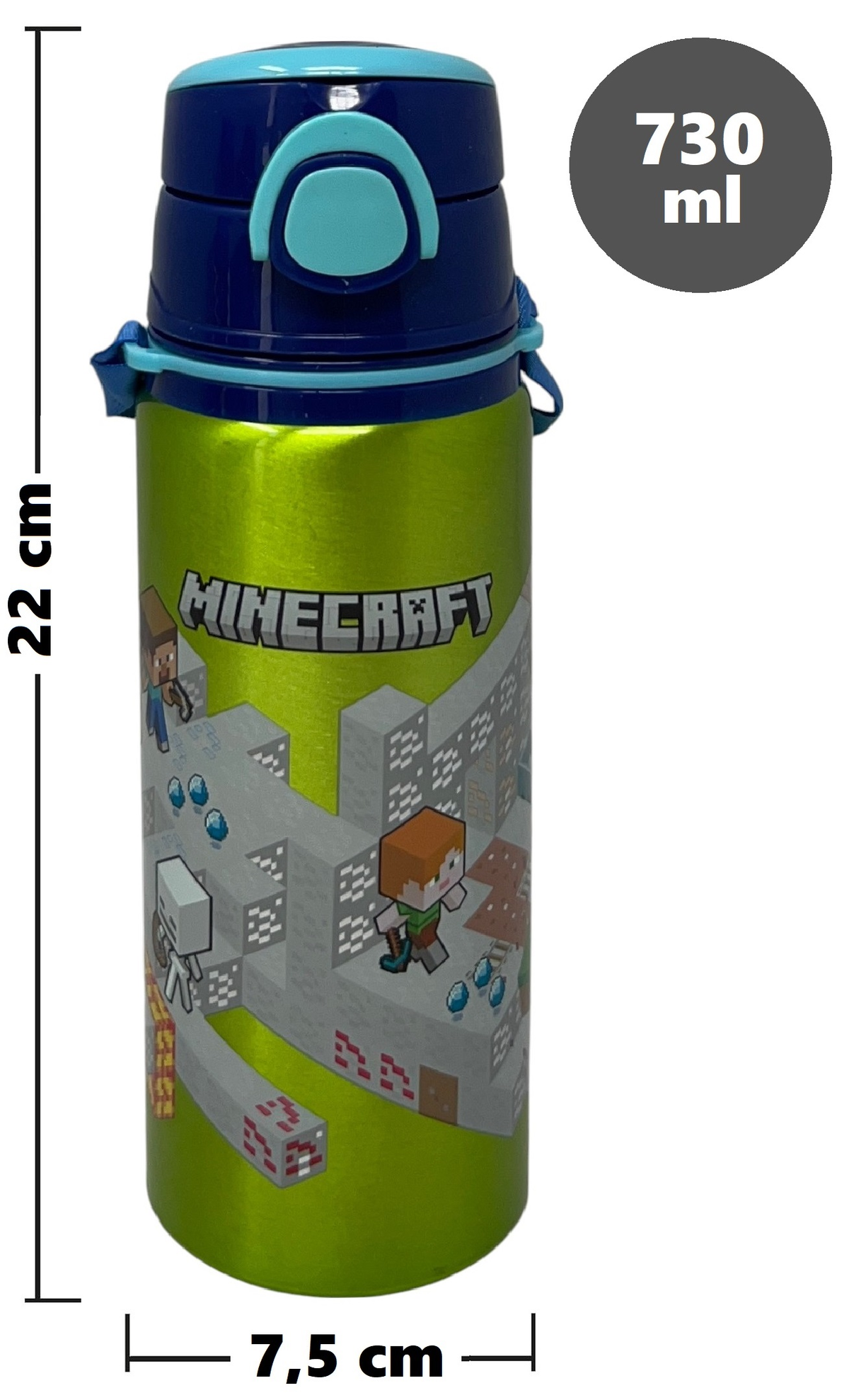 Borraccia in Alluminio Minecraft Bottiglia 730 Ml con Apertura Pop-Up e Tracolla - 83192