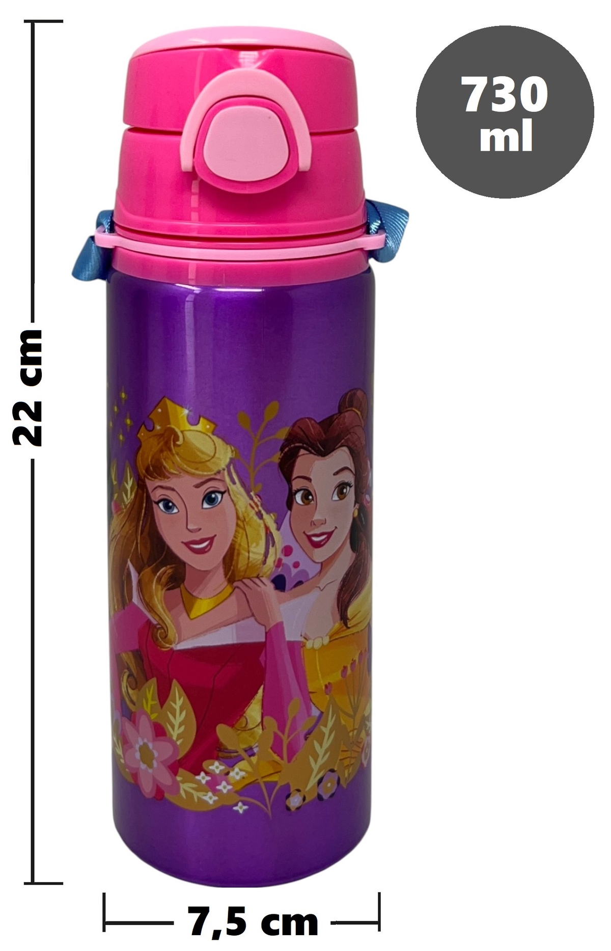 Borraccia in Alluminio Principesse DISNEY Bottiglia 730 Ml con Apertura Pop-Up e Tracolla - 83195