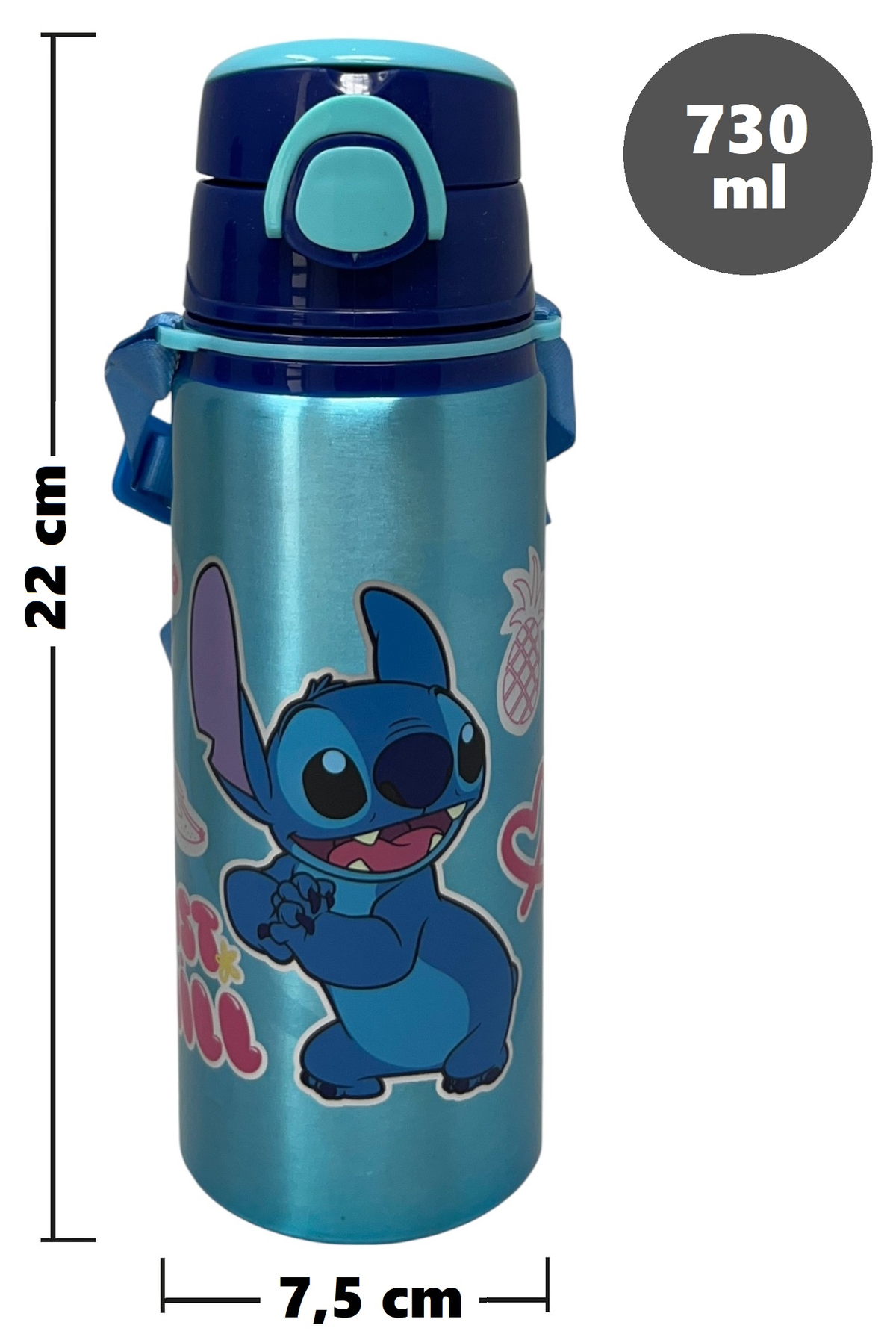 Borraccia in Alluminio Stitch DISNEY Bottiglia 730 Ml con Apertura Pop-Up e Tracolla - 83198