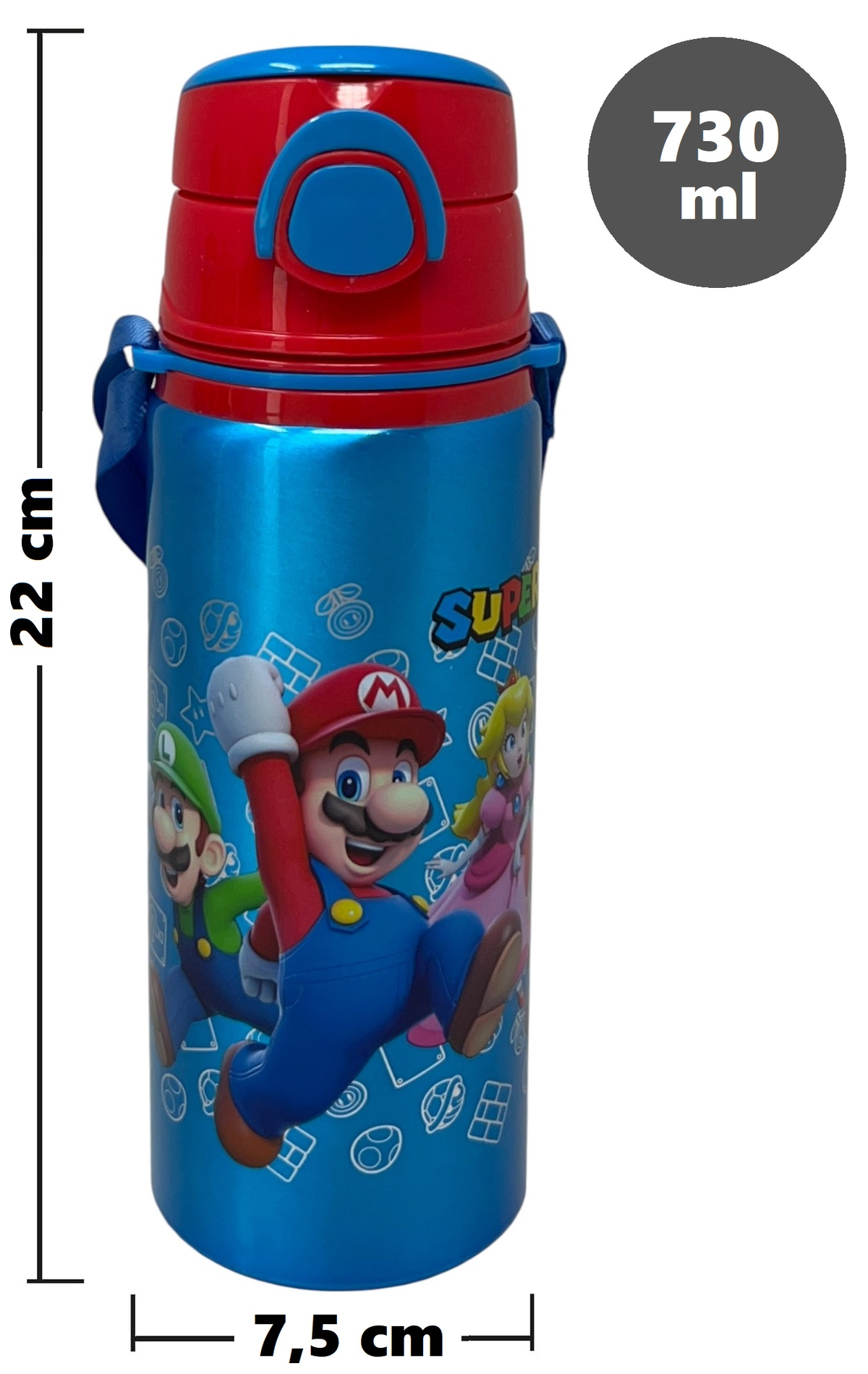 Borraccia in Alluminio Super Mario Nintendo Bottiglia 730 Ml con Apertura Pop-Up e Tracolla - 83199
