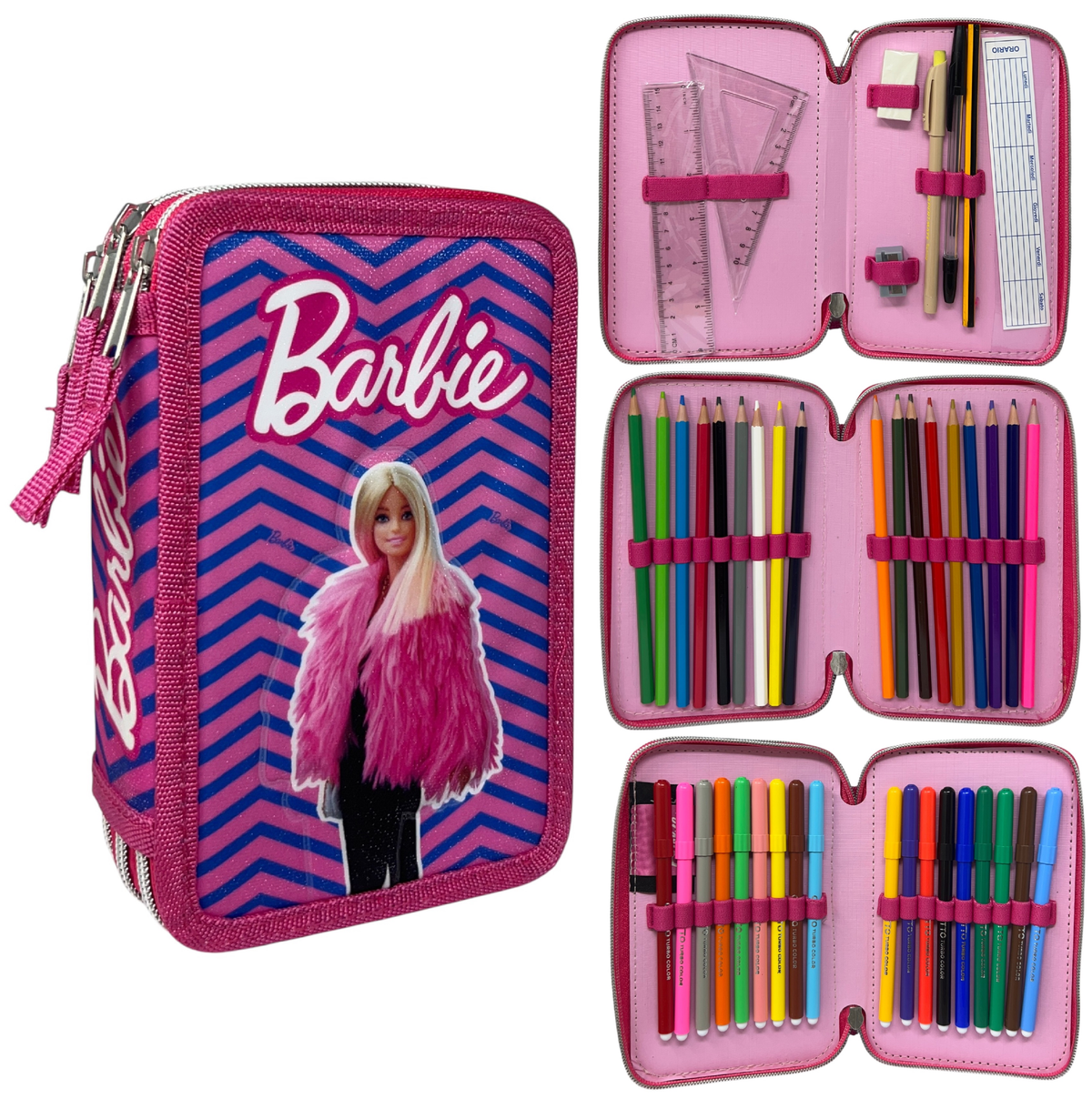 Astuccio Scuola Barbie Multiscomparto 3 Zip Penna Papermate Pennarelli Giotto - 690709