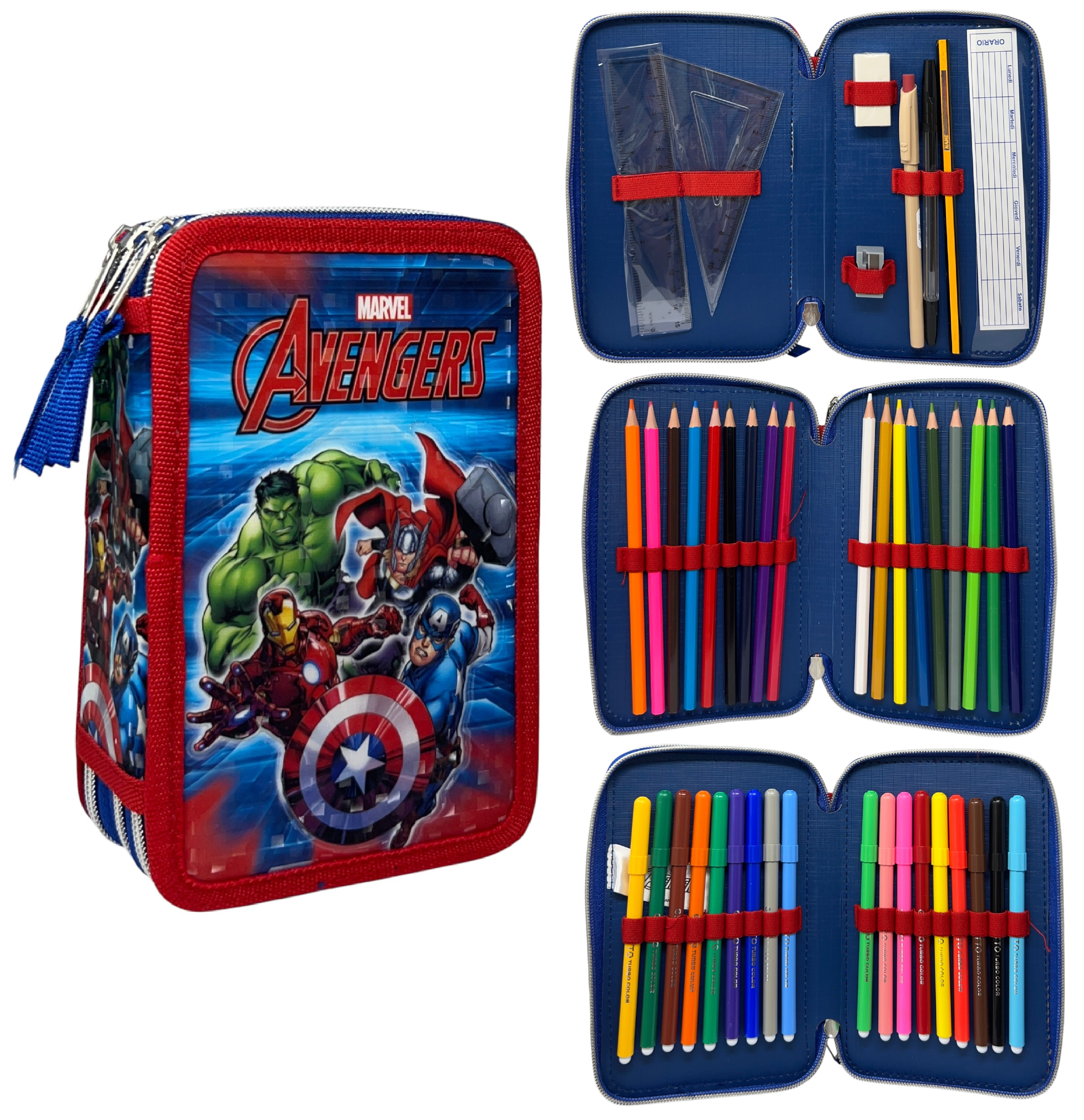 Astuccio Scuola Avengers MARVEL Multiscomparto 3 Zip Penna Papermate Pennarelli Giotto - Av1192