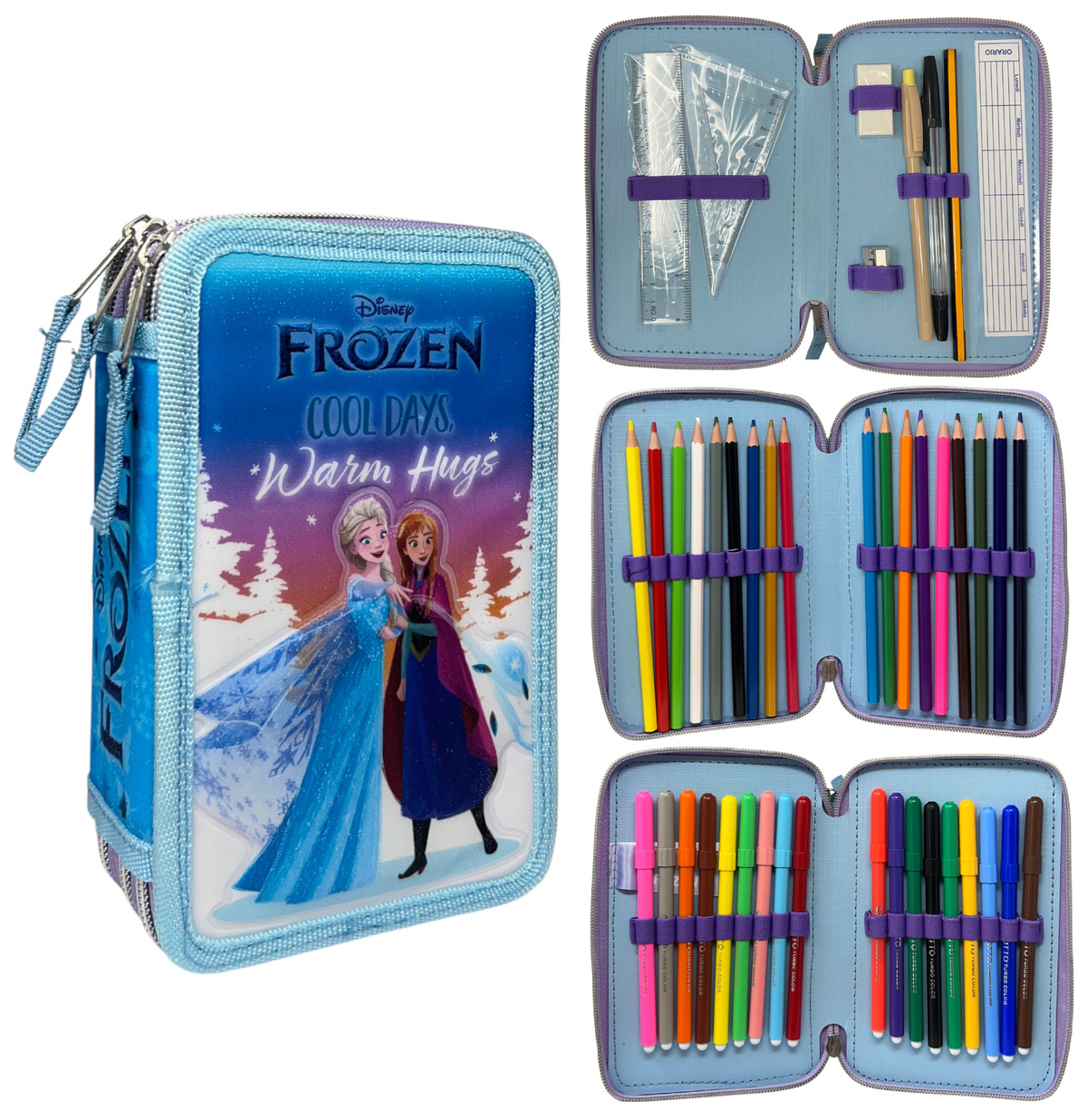 Astuccio Scuola Frozen DISNEY Multiscomparto 3 Zip Penna Papermate Pennarelli Giotto - Fr1192