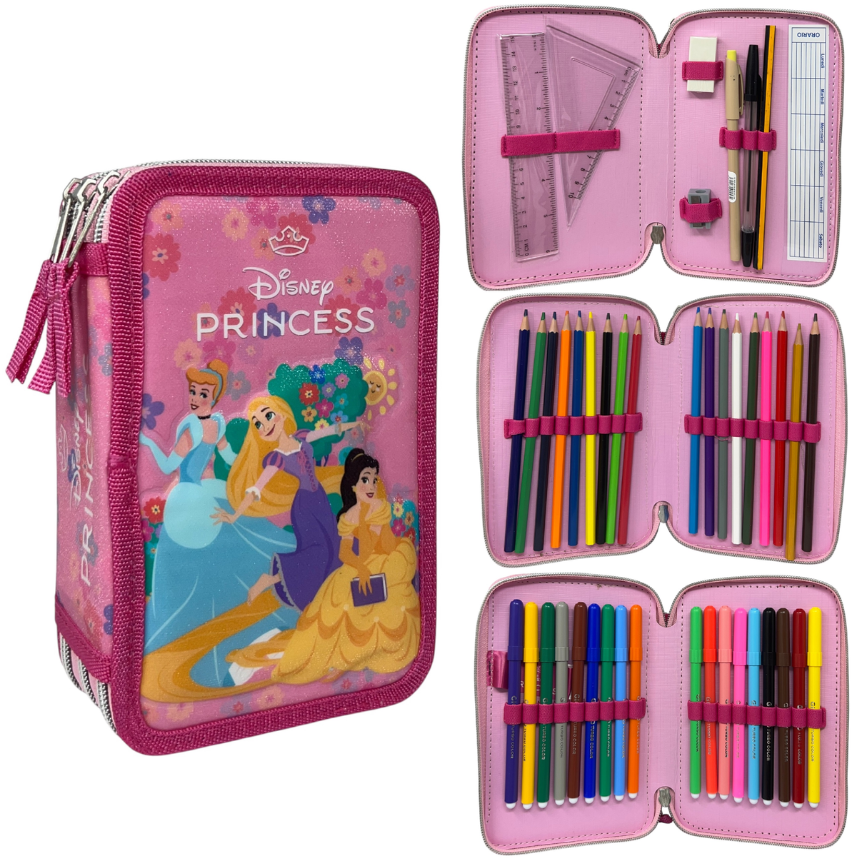 Astuccio Scuola Principesse DISNEY Multiscomparto 3 Zip Penna Papermate Pennarelli Giotto - Pr1192