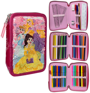 Astuccio Scuola Principesse DISNEY Multiscomparto 3 Zip Paillettes Reversibili Pennareli Giotto - Pr1225