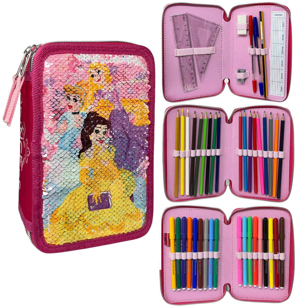 Astuccio Scuola Principesse DISNEY Multiscomparto 3 Zip Paillettes Reversibili Pennareli Giotto - Pr1225