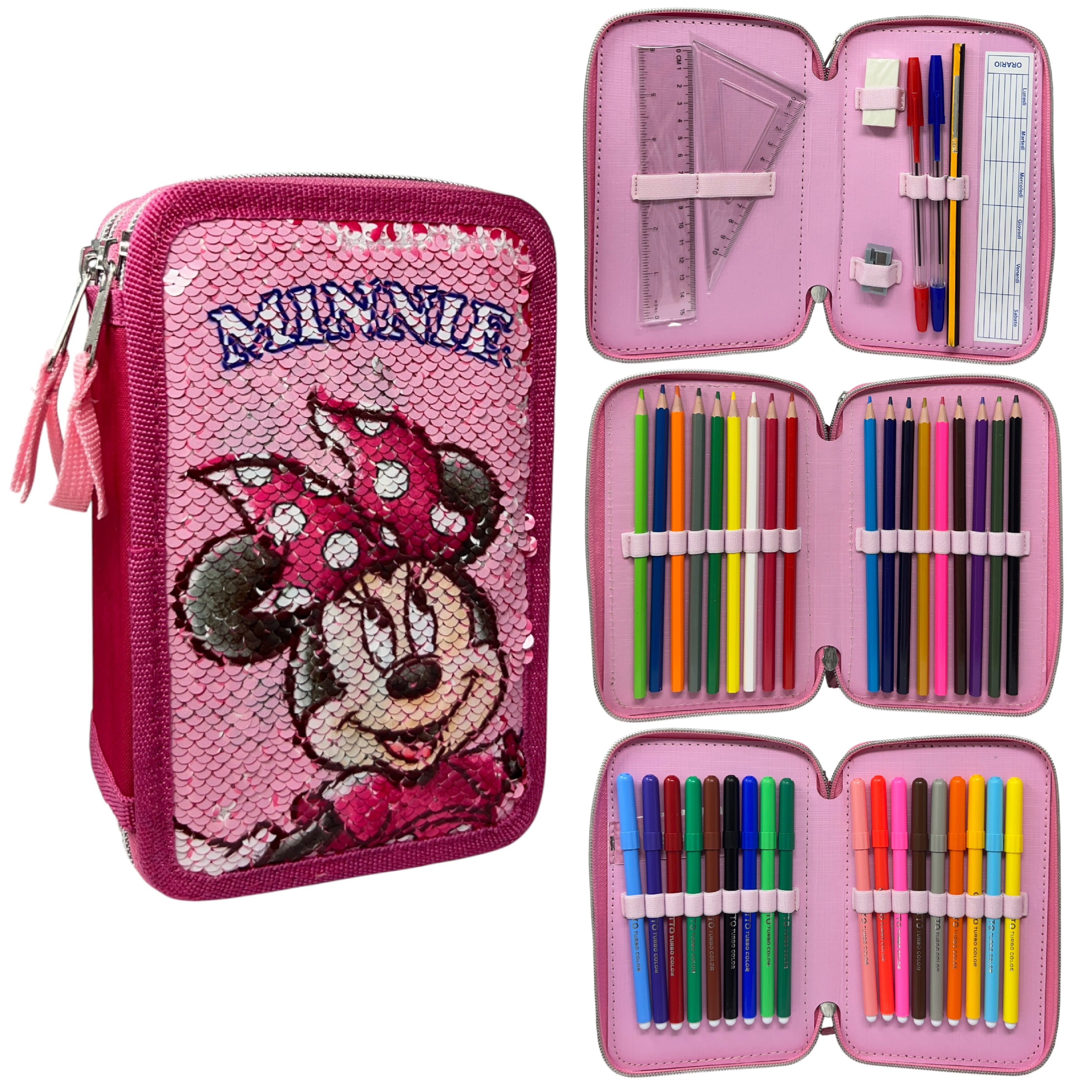 Astuccio Scuola Minnie DISNEY Multiscomparto 3 Zip Paillettes Reversibili Pennareli Giotto - Min1225