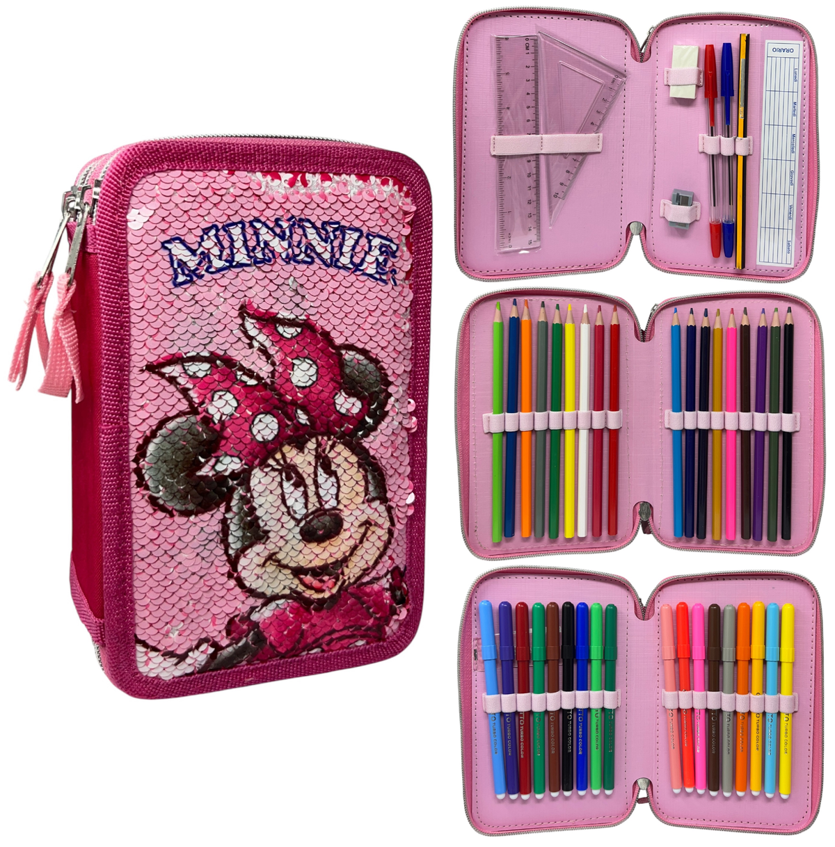 Astuccio Scuola Minnie DISNEY Multiscomparto 3 Zip Paillettes Reversibili Pennareli Giotto - Min1225