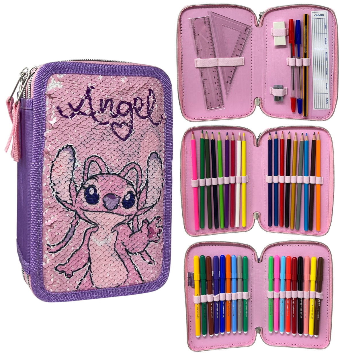 Astuccio Scuola Angel DISNEY Lilo & Stitch Multiscomparto 3 Zip Paillettes Reversibili Pennareli Giotto - Lst0996-G