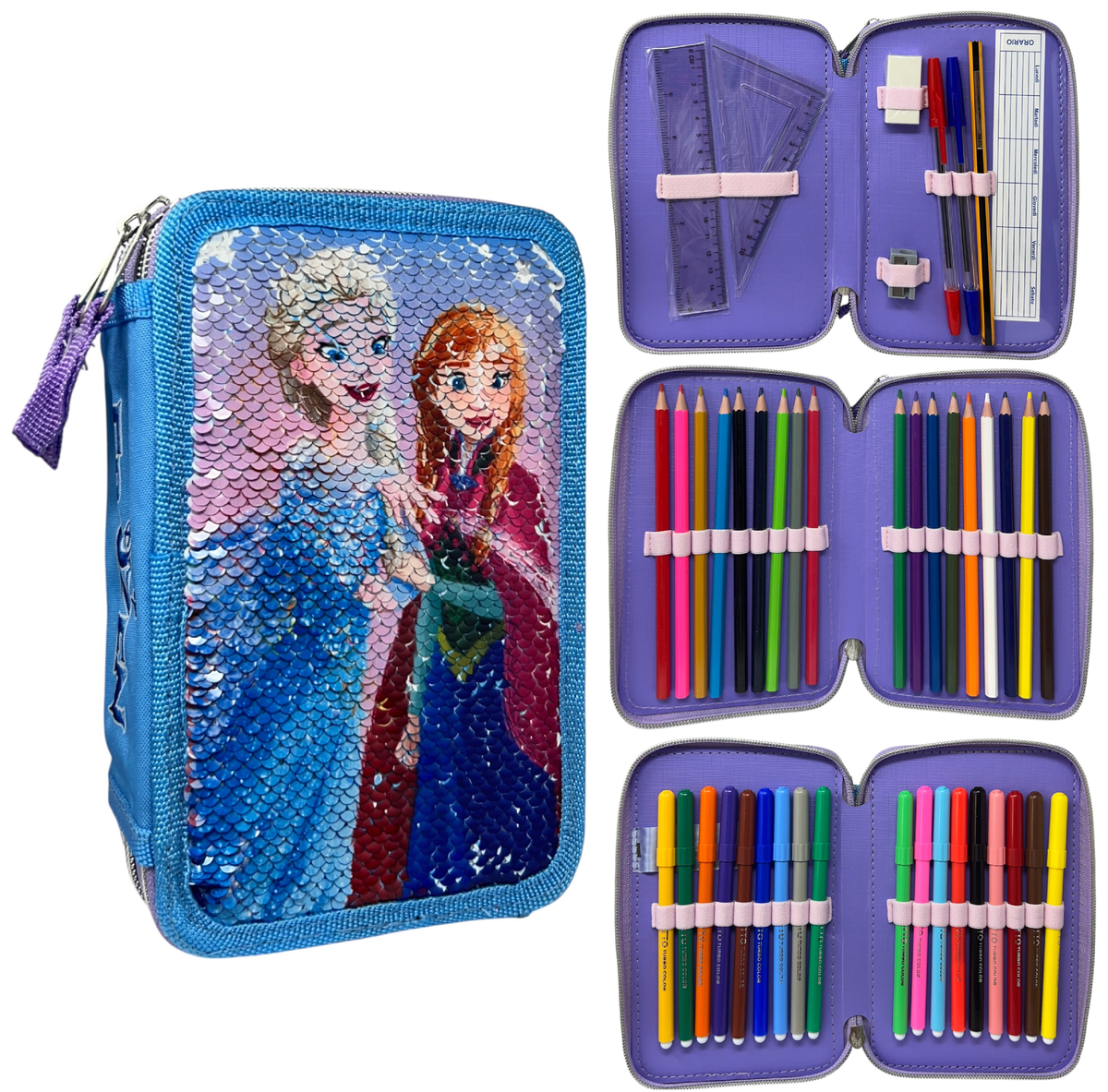 Astuccio Scuola Frozen DISNEY Multiscomparto 3 Zip Paillettes Reversibili Pennareli Giotto - Fr1225