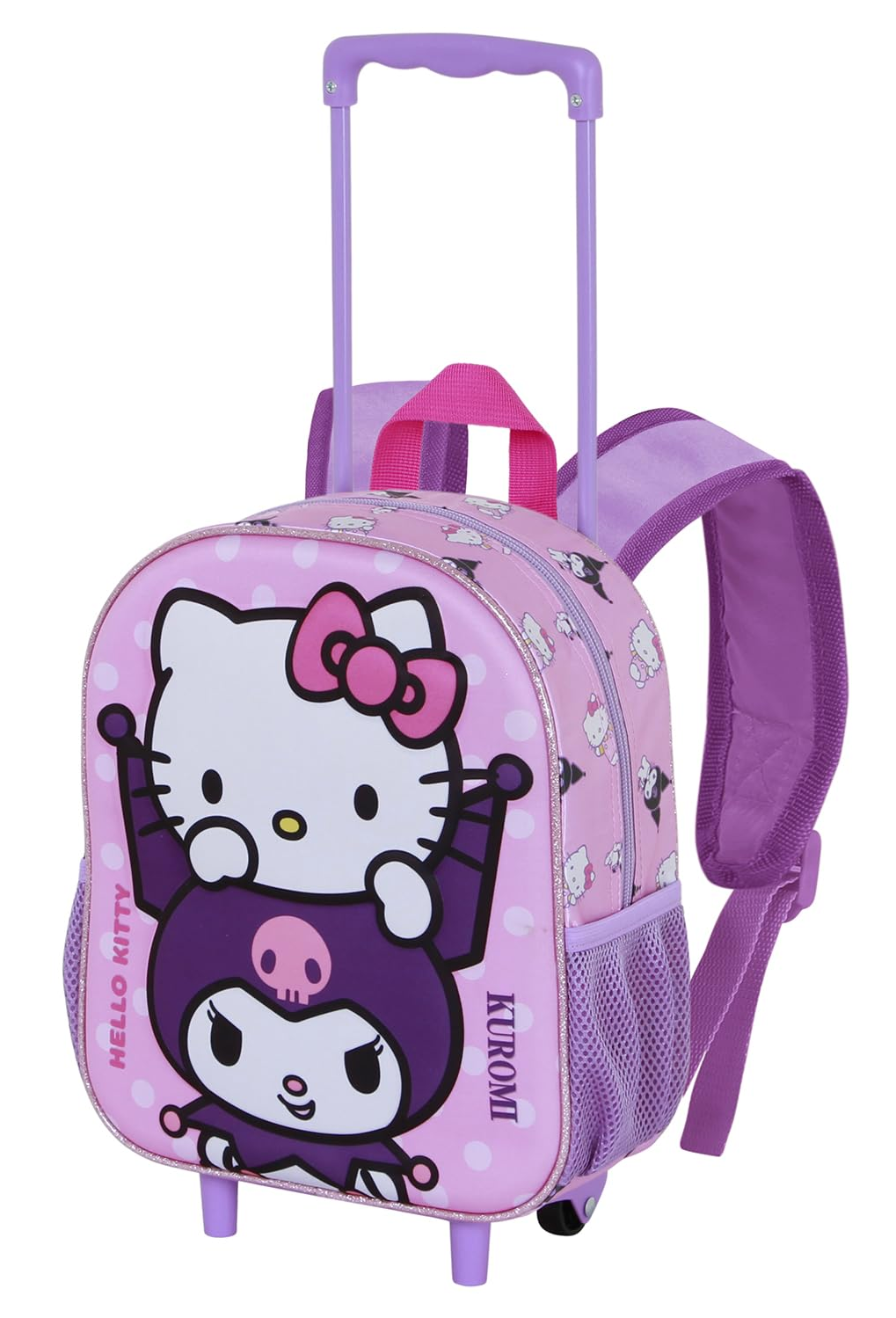 Zaino Asilo Trolley 3d Kuromi e Hello Kitty Sanrio Zainetto 34 CM con Carrello per Scuola Materna - 08522