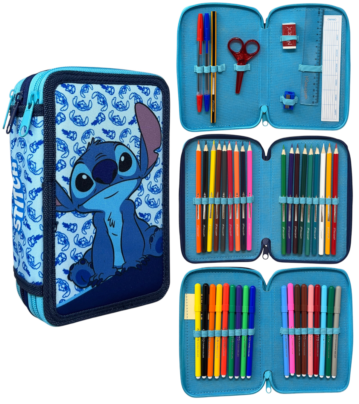 Astuccio Multiscomparto Stitch Blu DISNEY 3 Zip per la Scuola Portacolori Giotto - 000565228