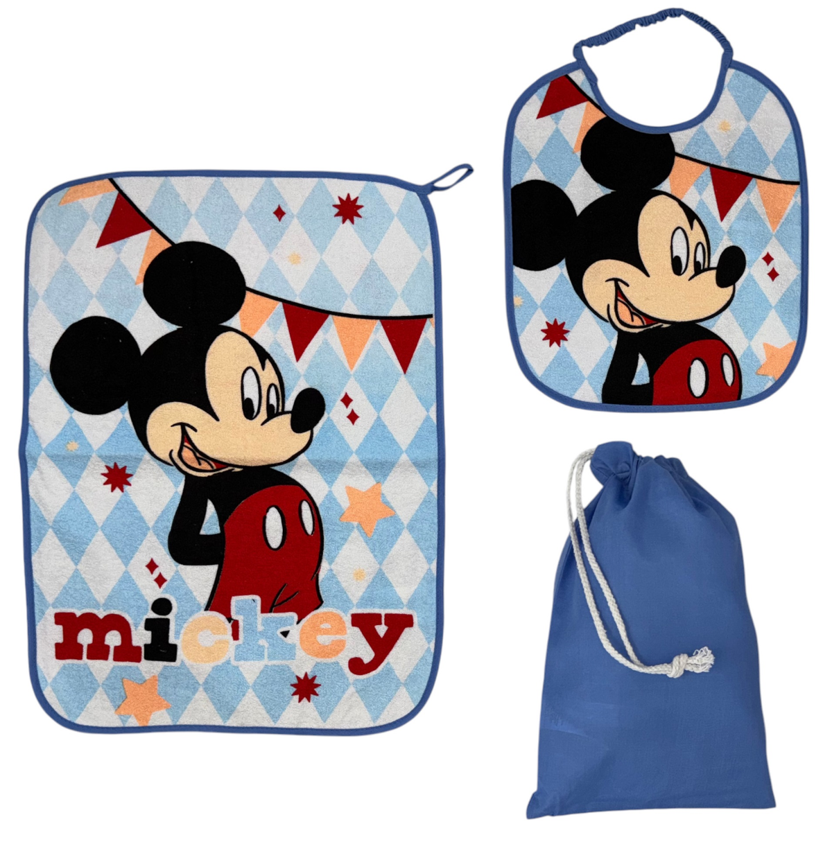 Set Asilo 3 Pezzi Topolino DISNEY Bavetta con Elastico Tovaglietta Sacca - Mic1751