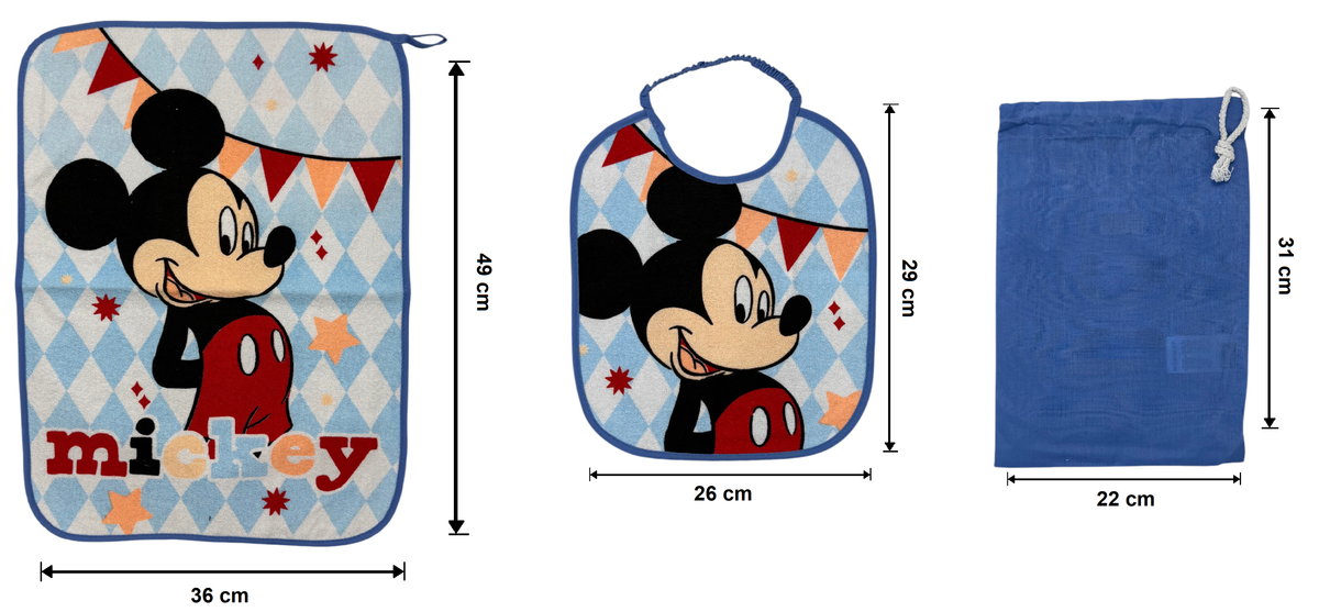 Set Asilo 3 Pezzi Topolino DISNEY Bavetta con Elastico Tovaglietta Sacca - Mic1751