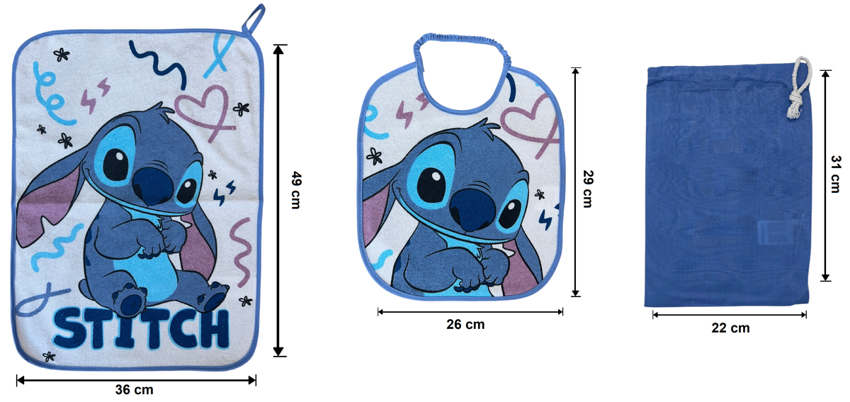 Set Asilo 3 Pezzi Stitch DISNEY Bavetta con Elastico Tovaglietta Sacca - Sti1752