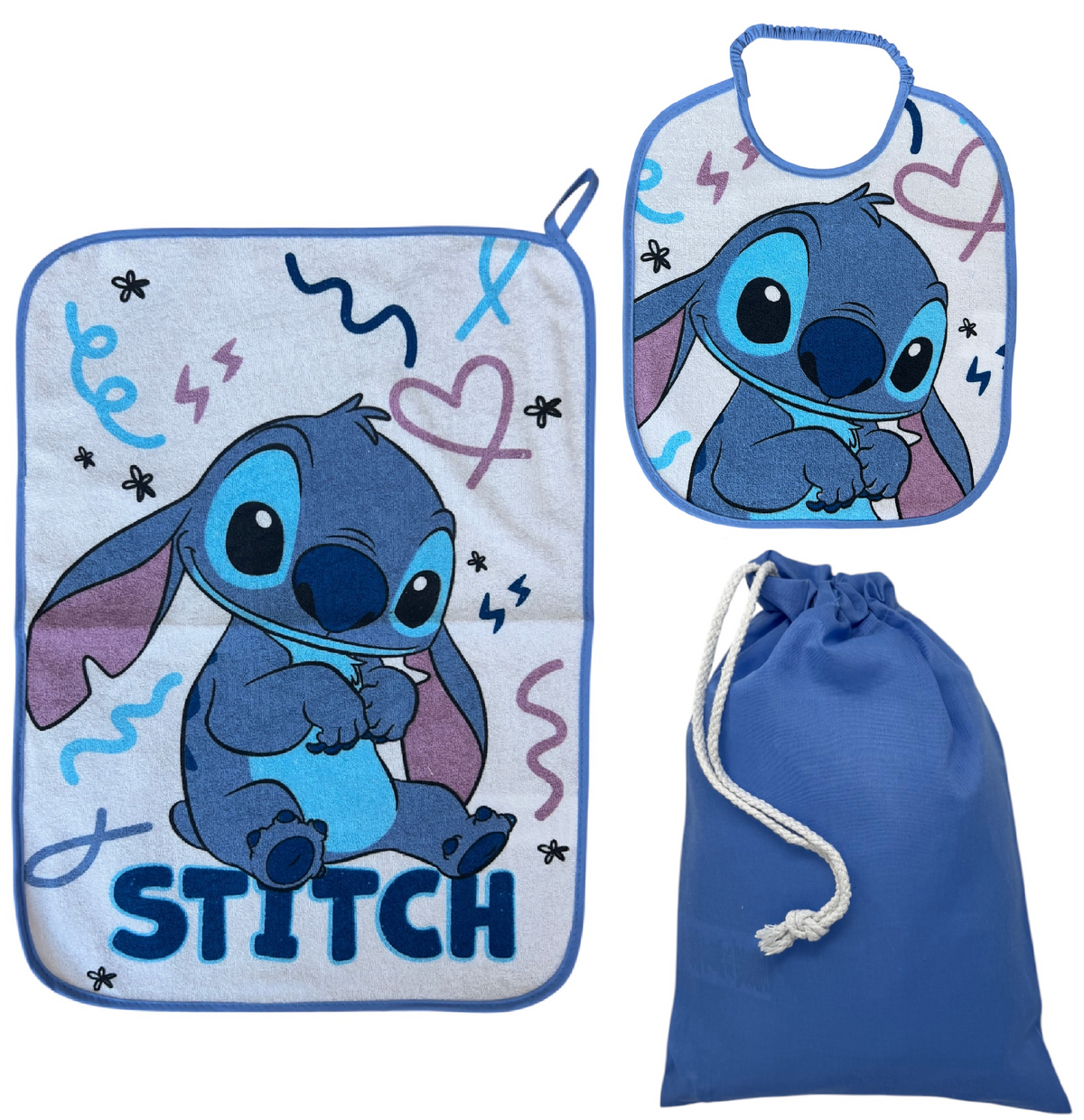 Set Asilo 3 Pezzi Stitch DISNEY Bavetta con Elastico Tovaglietta Sacca - Sti1752