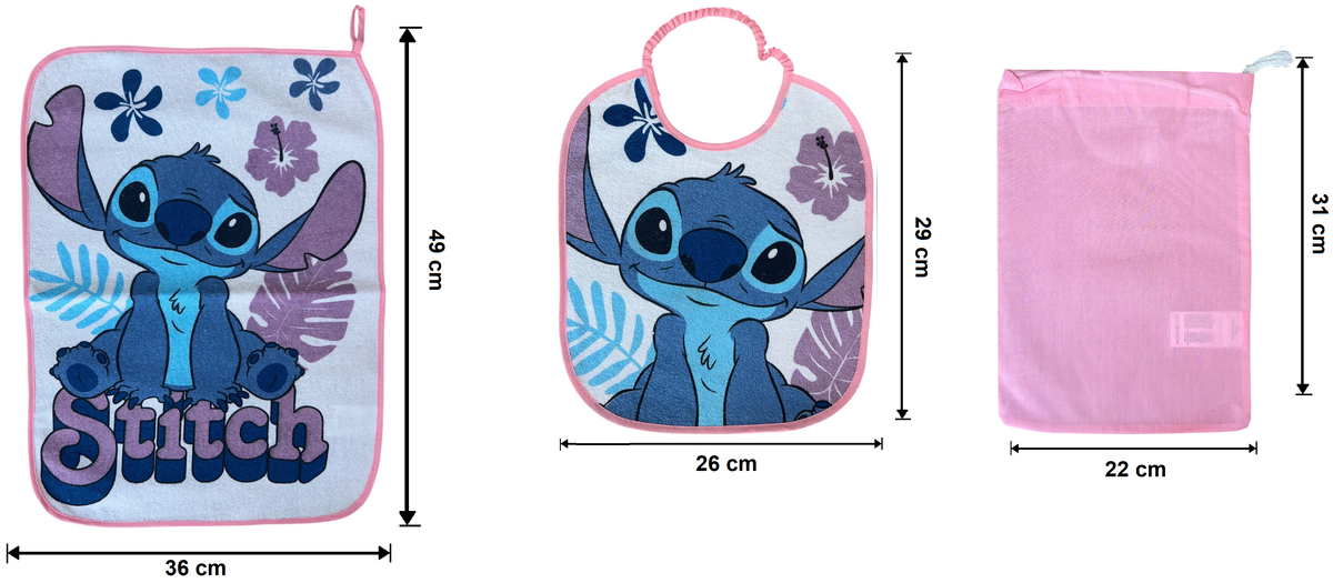 Set Asilo 3 Pezzi Stitch DISNEY Bavetta con Elastico Tovaglietta Sacca - Sti1760