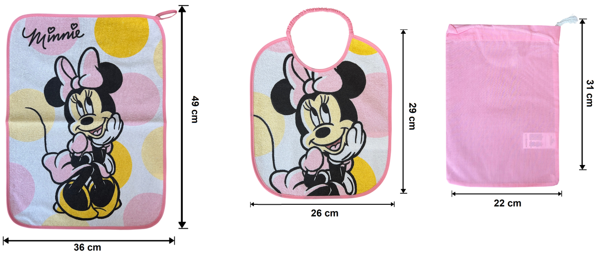 Set Asilo 3 Pezzi Minnie DISNEY Bavetta con Elastico Tovaglietta Sacca - Min1755