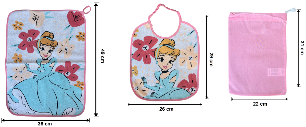 Set Asilo 3 Pezzi Cenerentola DISNEY Principesse Bavetta con Elastico Tovaglietta Sacca - Pri1757