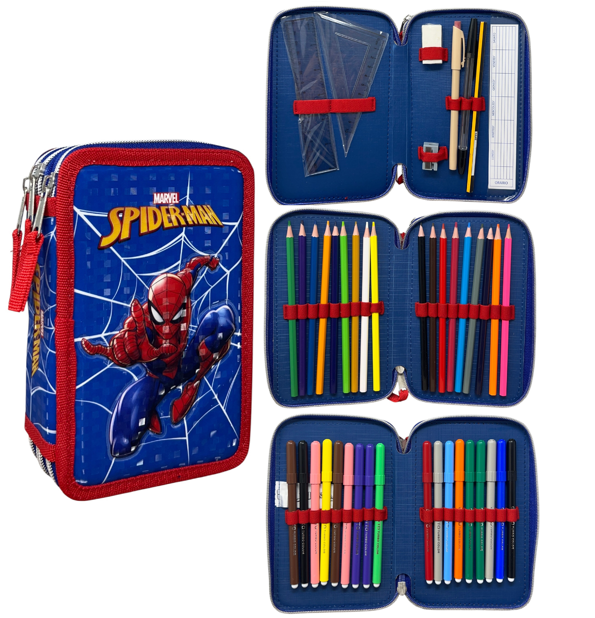 Astuccio Scuola Spiderman MARVEL Multiscomparto 3 Zip Penna Papermate Pennarelli Giotto - Sp1192