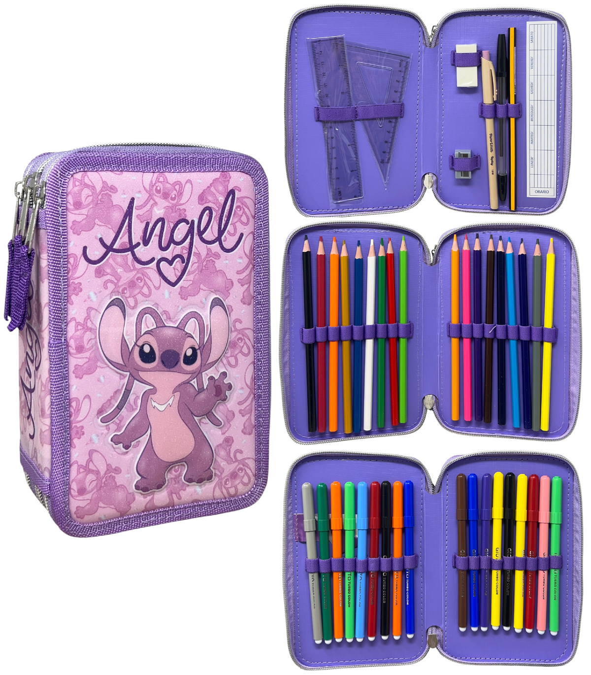 Astuccio Scuola Angel Stitch DISNEY Multiscomparto 3 Zip Penna Papermate Pennarelli Giotto - Lst1192-G