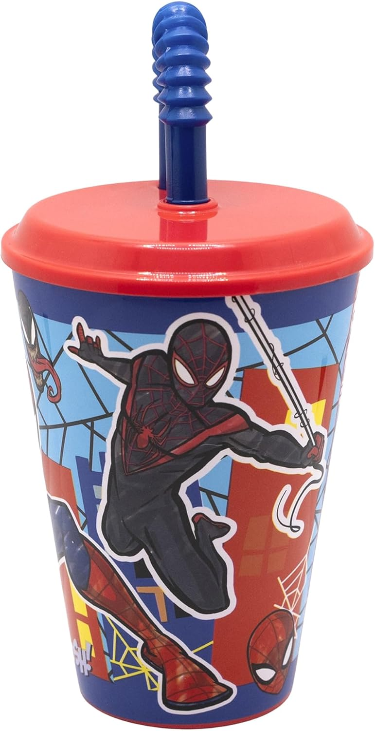 Bicchiere con Cannuccia Spiderman MARVEL in Plastica Riutilizzabile Semirigida 430 Ml - St83530