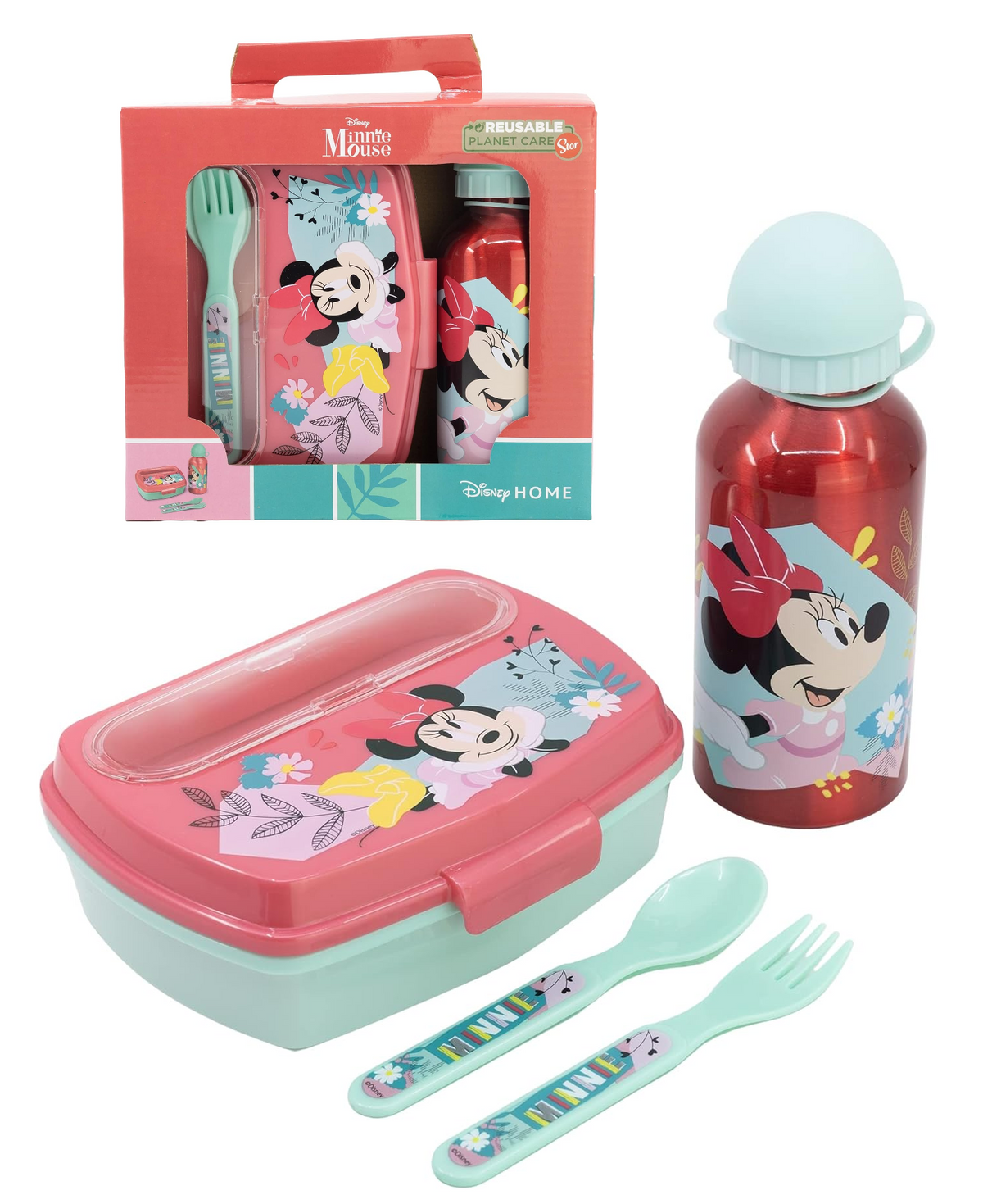 Set Pranzo Minnie DISNEY 2 Pezzi Borraccia in Alluminio e Portamerenda con Posate - St74463