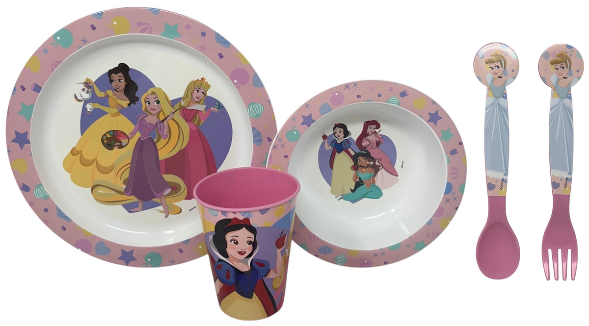 Set Pappa 5 Pezzi Principesse DISNEY in Plastica Adatta Al Microonde Piatti Bicchiere Posate  - St51280