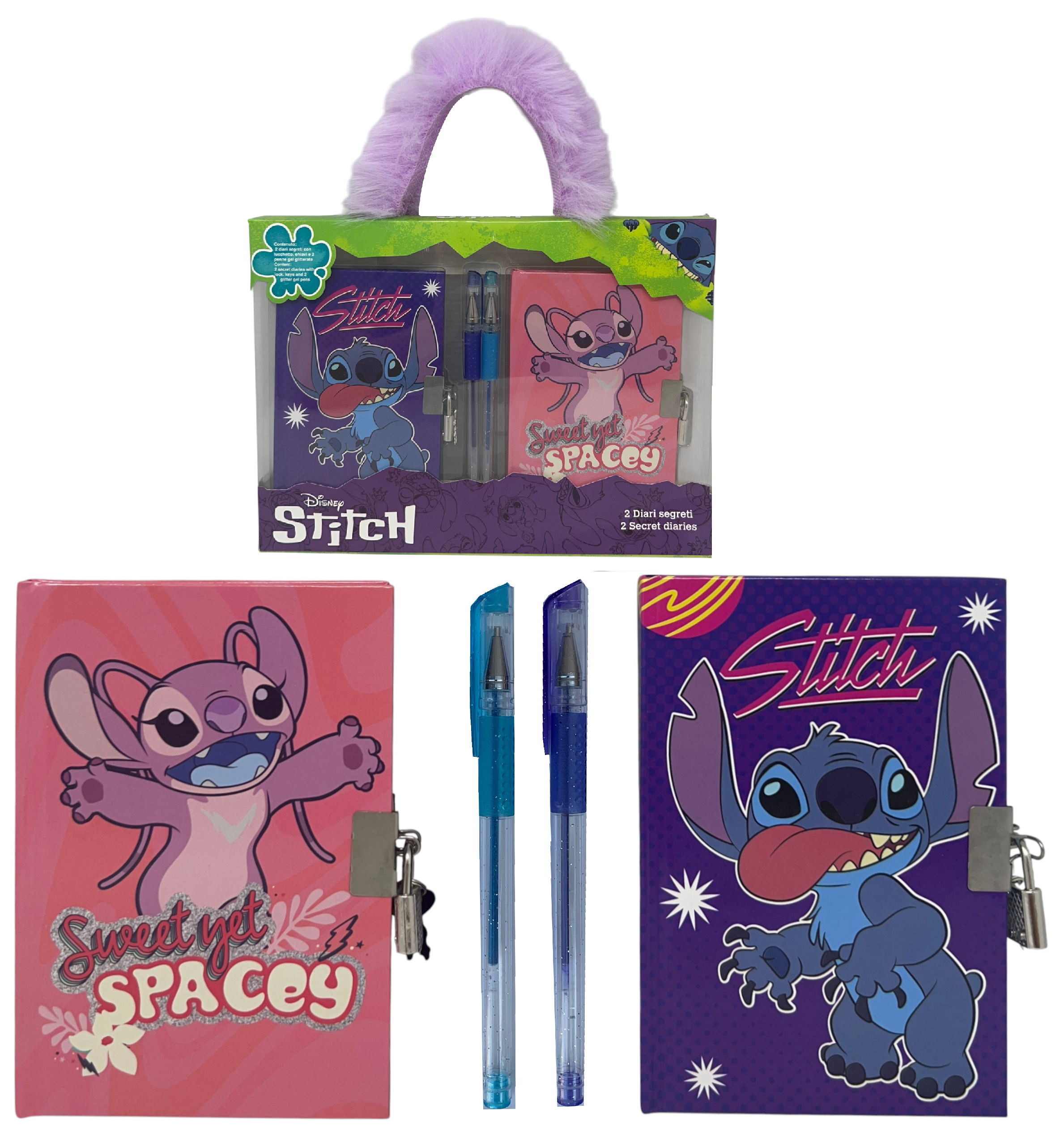 Set 2 Diari Segreti con Lucchetto Stitch Angel DISNEY + 2 Penne Gel in Confezione Regalo - Lst0754