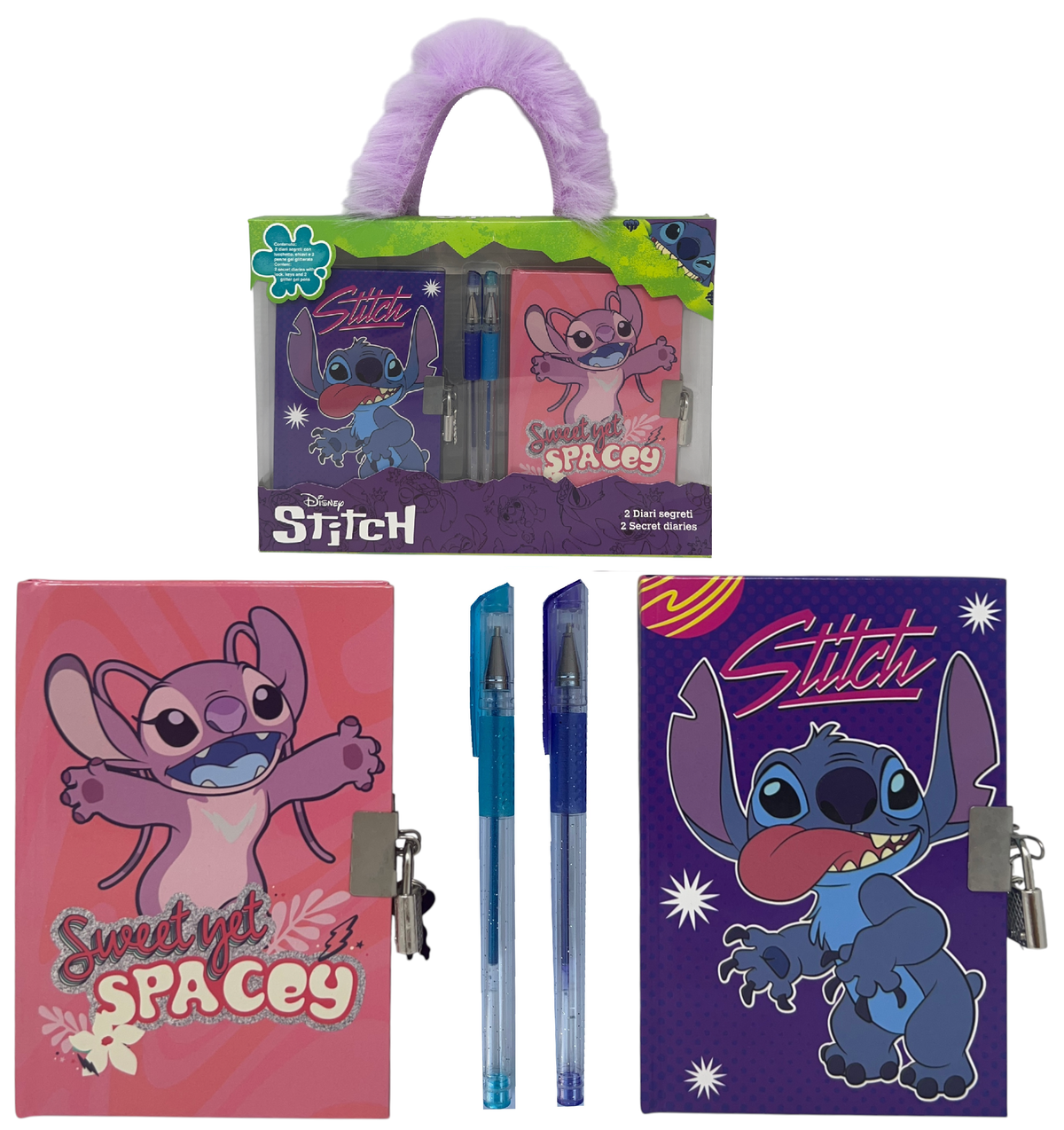 Set 2 Diari Segreti con Lucchetto Stitch Angel DISNEY + 2 Penne Gel in Confezione Regalo - Lst0754